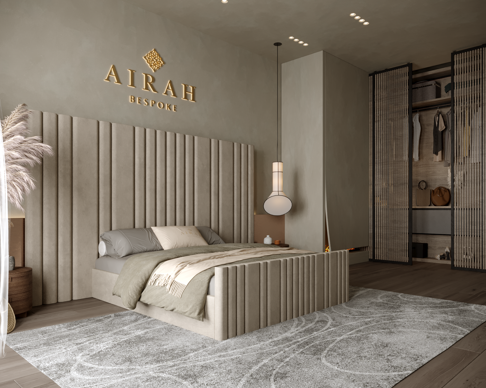 Airah Grande bed featuring an extended upholstered headboard, premium modern bedroom furniture