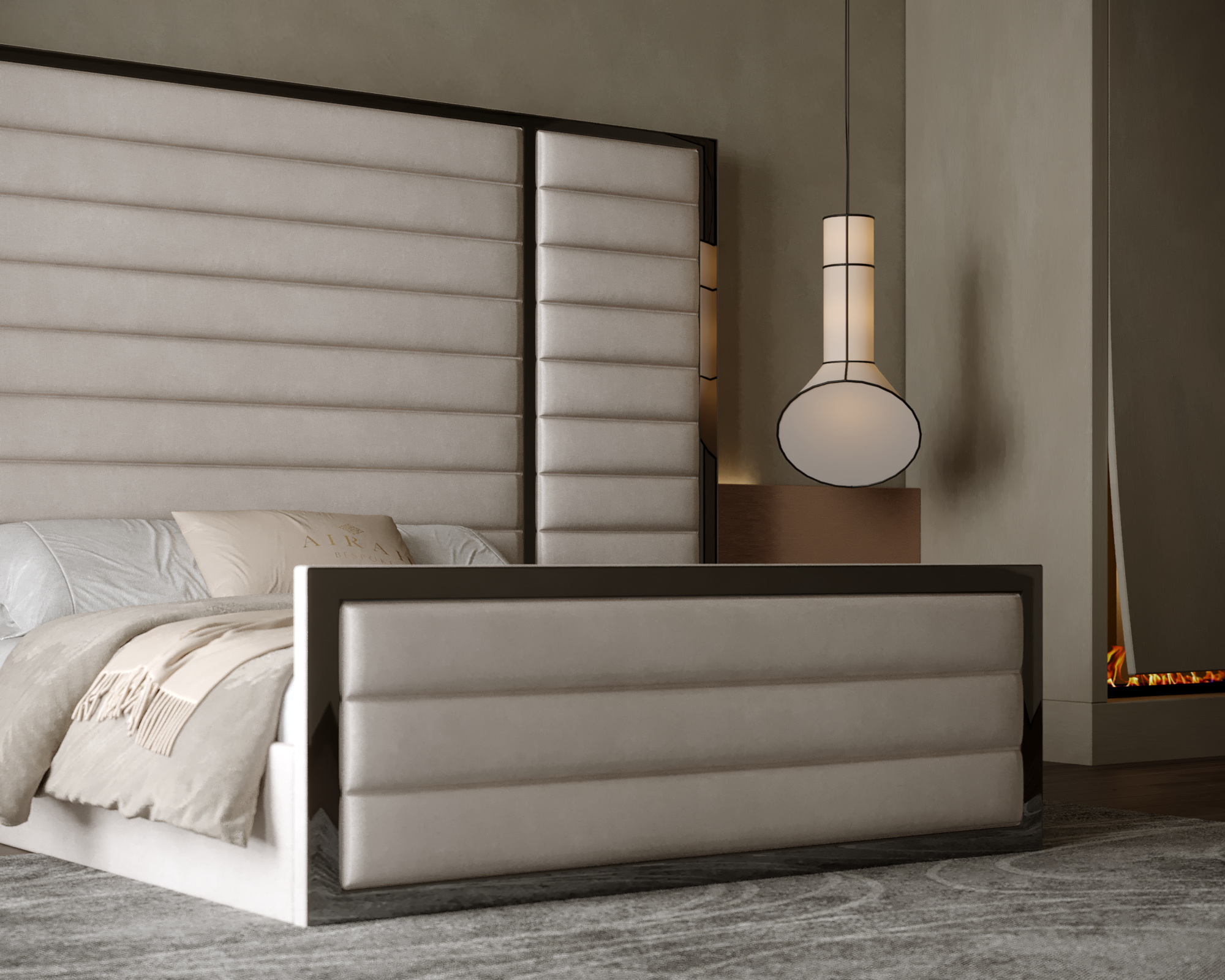 Amaya Grande Luxe bed with extended headboard, luxury upholstered bed frame for elegant bedroom interiors.