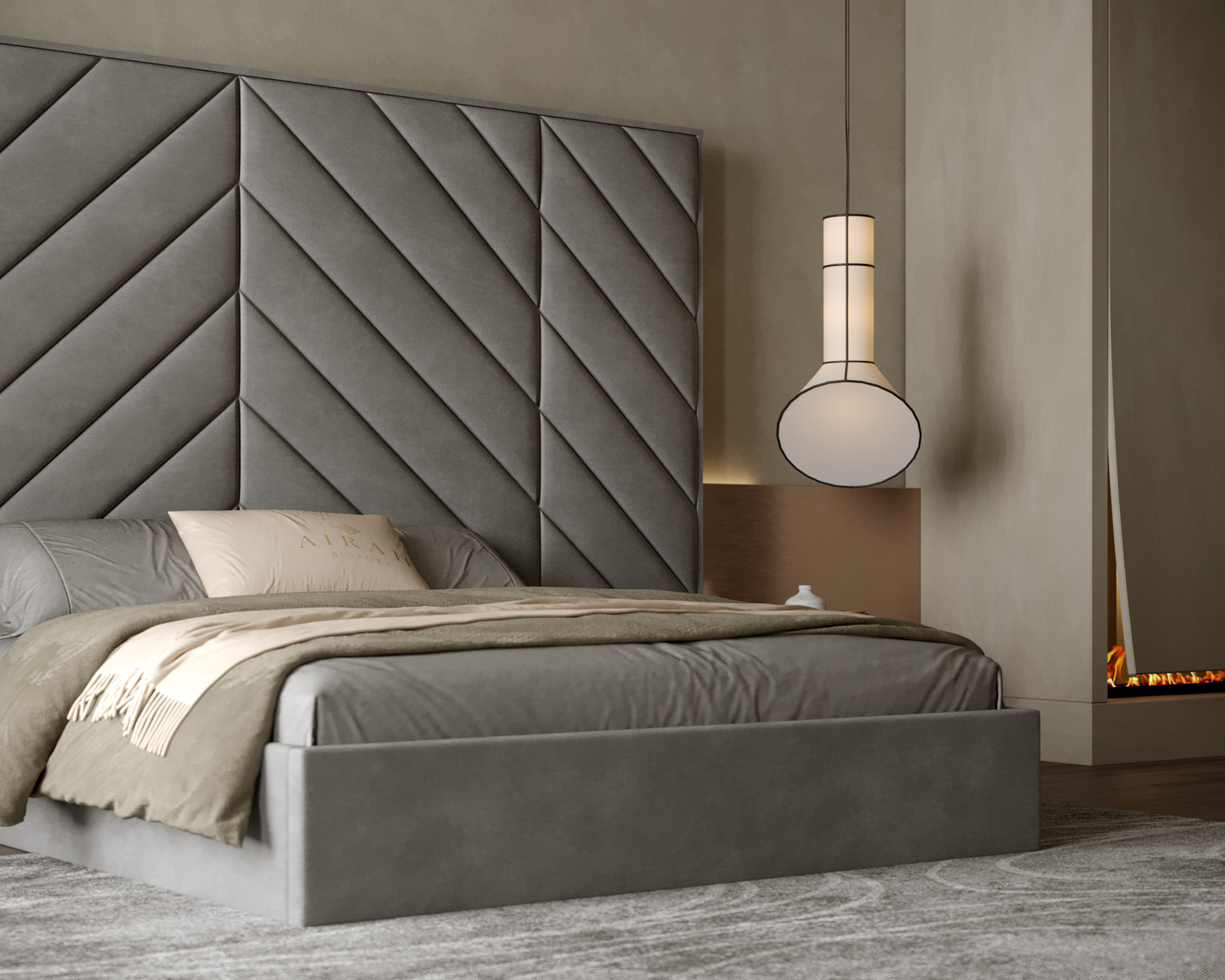 Airah Grande bed featuring an extended upholstered headboard, premium modern bedroom furniture