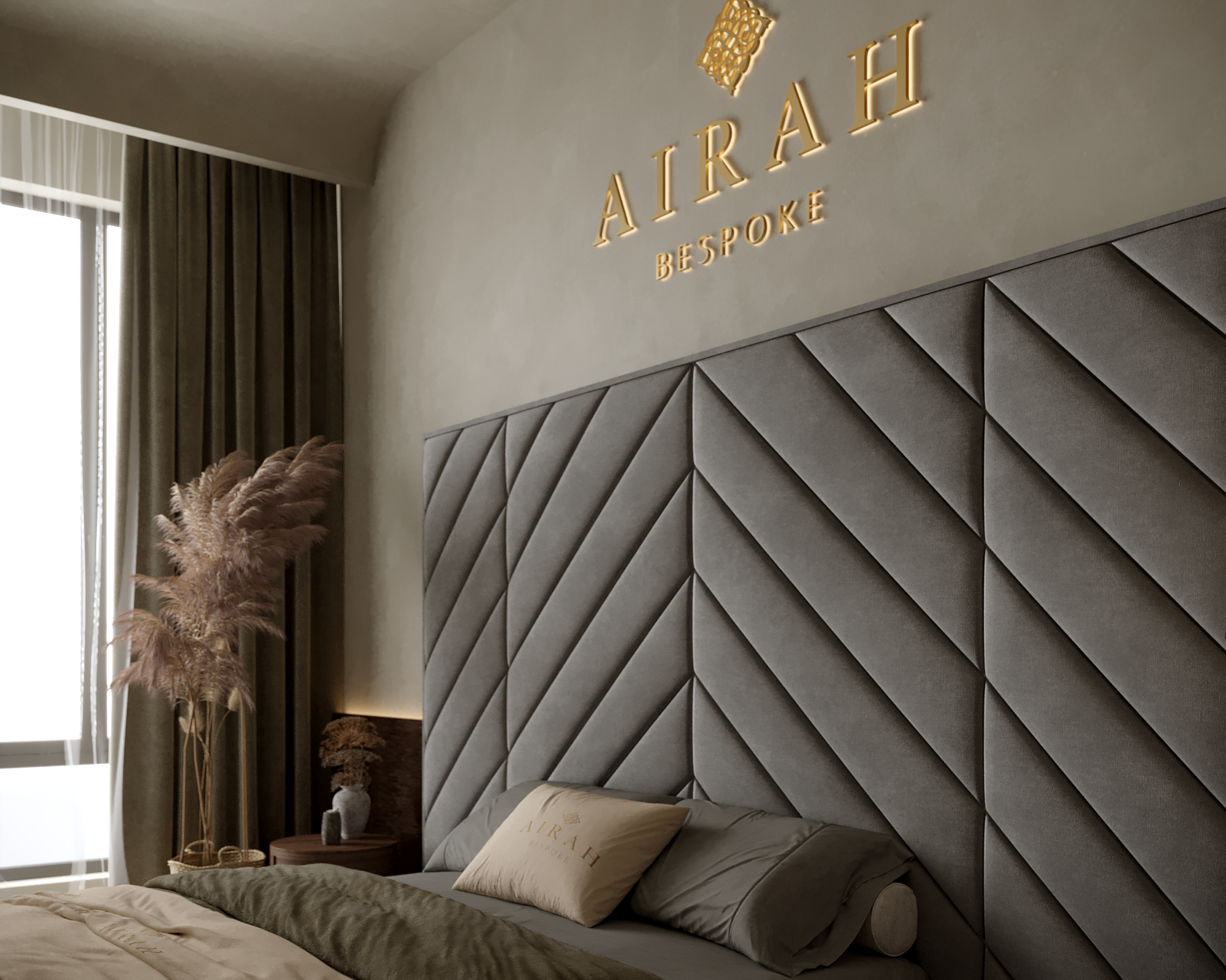 Airah Grande bed featuring an extended upholstered headboard, premium modern bedroom furniture