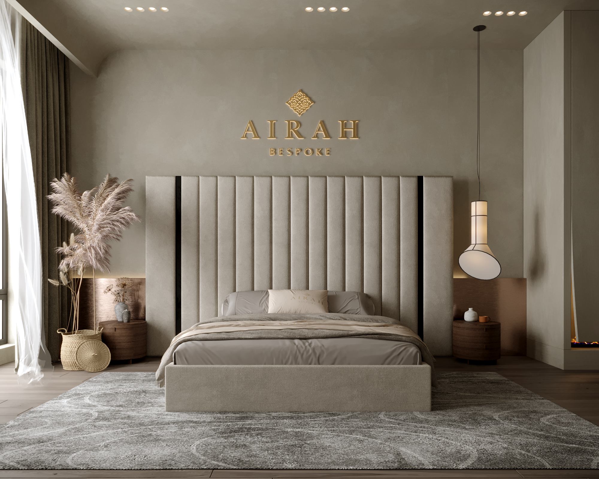 Aria Elite luxury bed featuring an extended upholstered headboard, contemporary bedroom furniture design