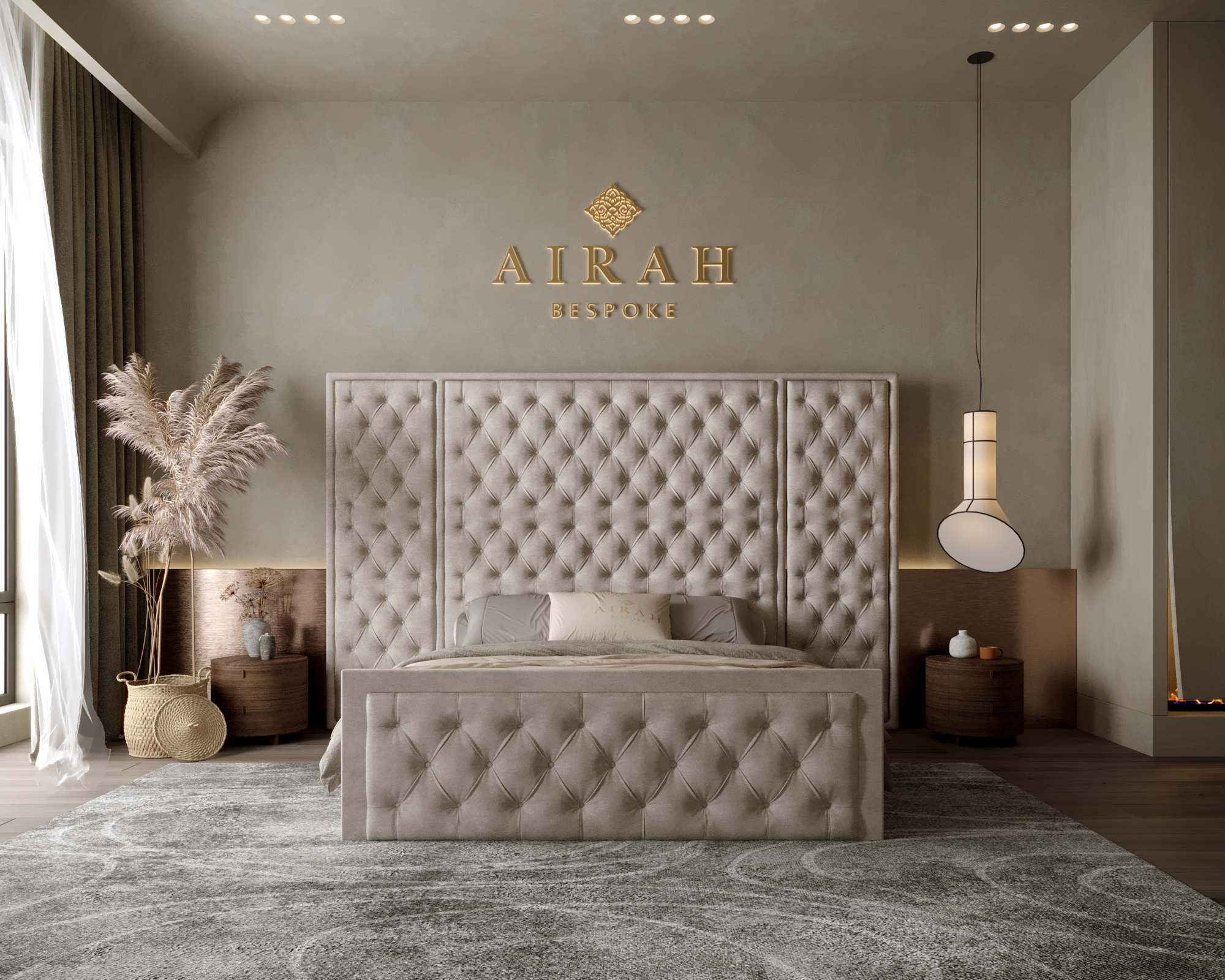 Ayla Grace Bed with Extended Headboard, elegant velvet upholstery, modern bedroom design, king-size luxury bed