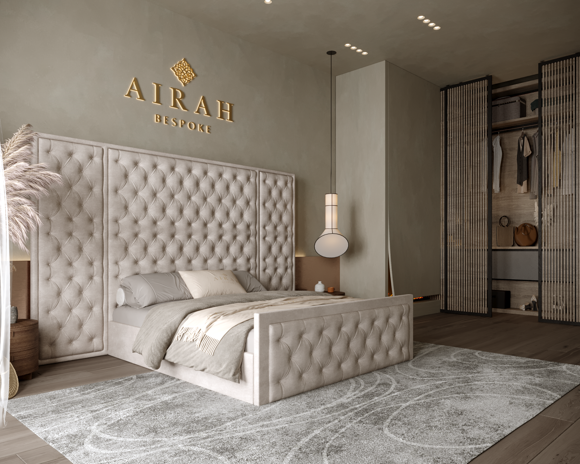 Ayla Grace bed with extended headboard, modern upholstered bed frame for stylish bedroom