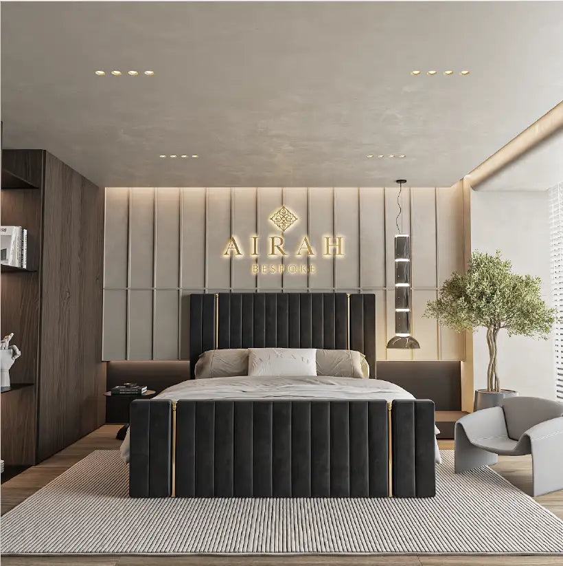 Upholstered bed frame with golden stripe detailing – luxury bed design UK