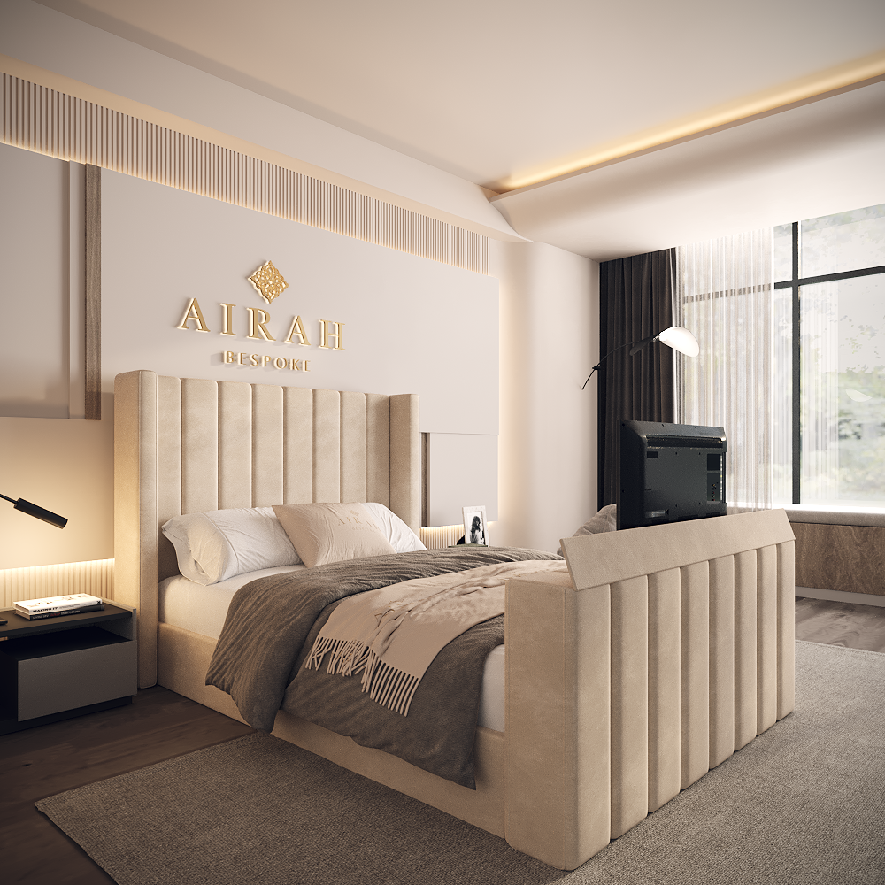 Caro luxury bed – upholstered bed frame with padded headboard and sleek finish