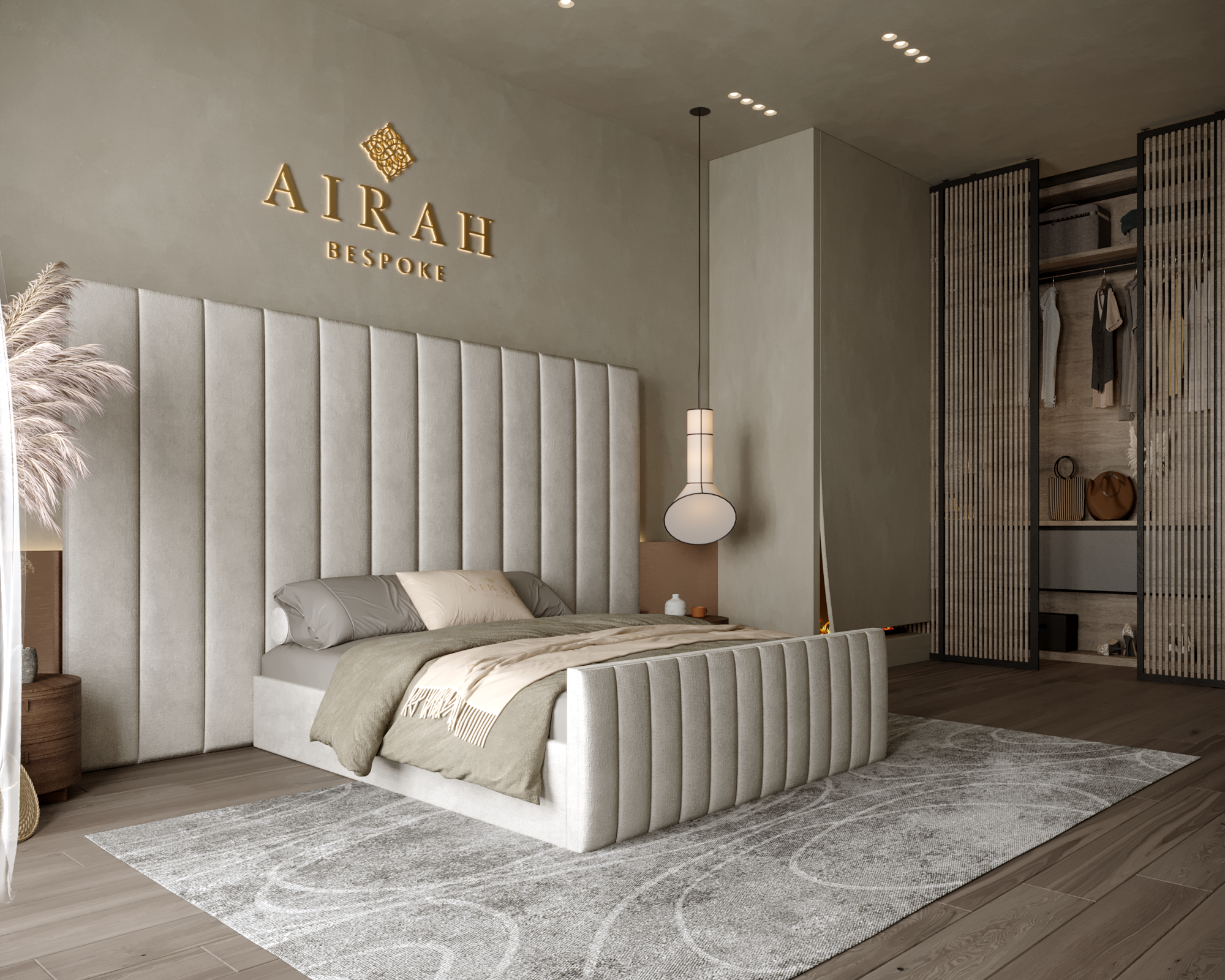 Elina Edition luxury bed featuring an extended upholstered headboard, modern bedroom furniture design