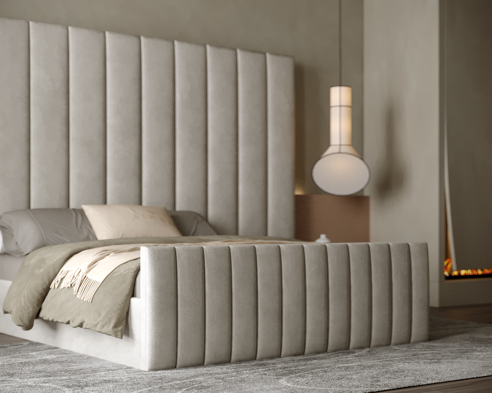 Elina Edition luxury bed featuring an extended upholstered headboard, modern bedroom furniture design