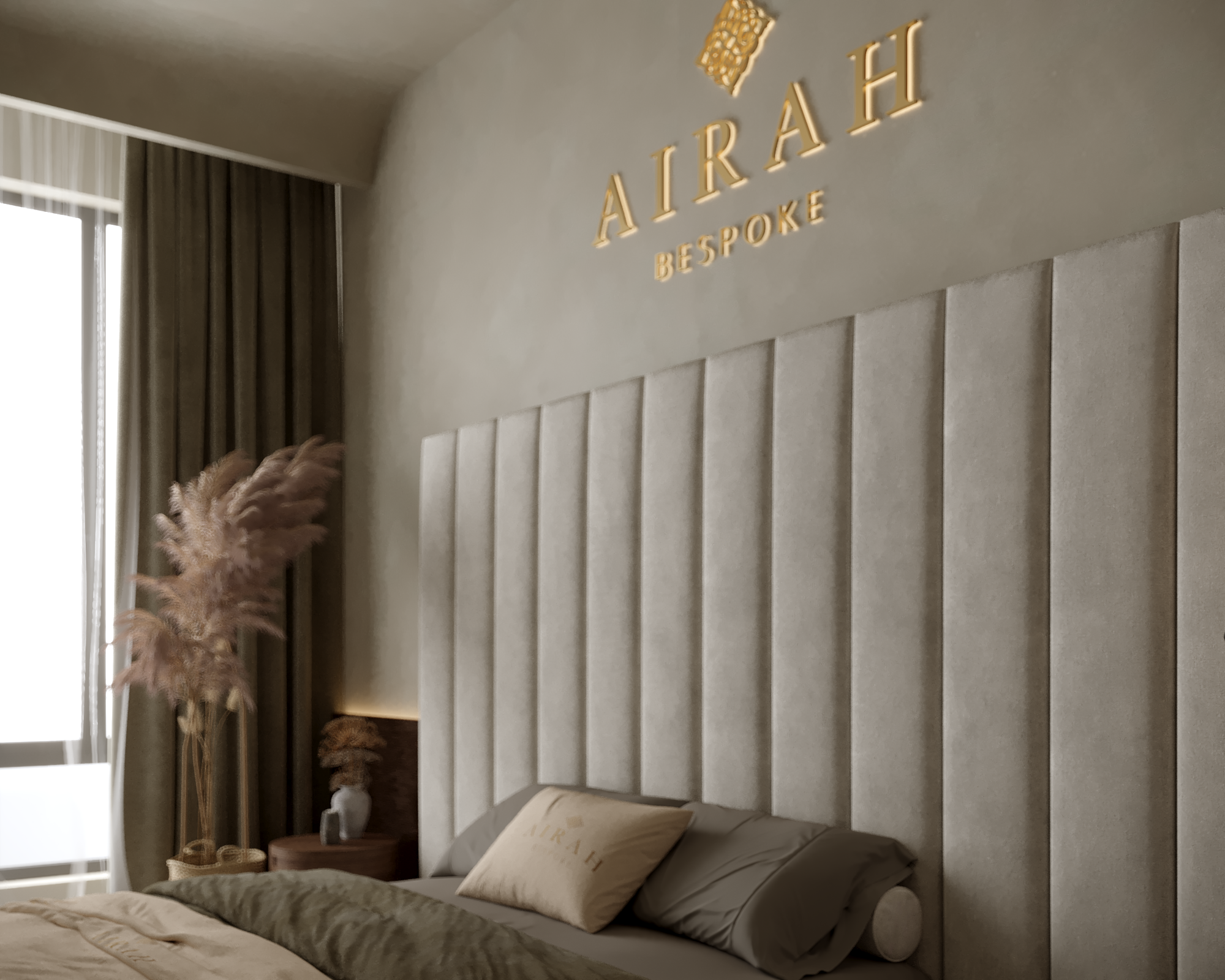 Elina Edition luxury bed featuring an extended upholstered headboard, modern bedroom furniture design
