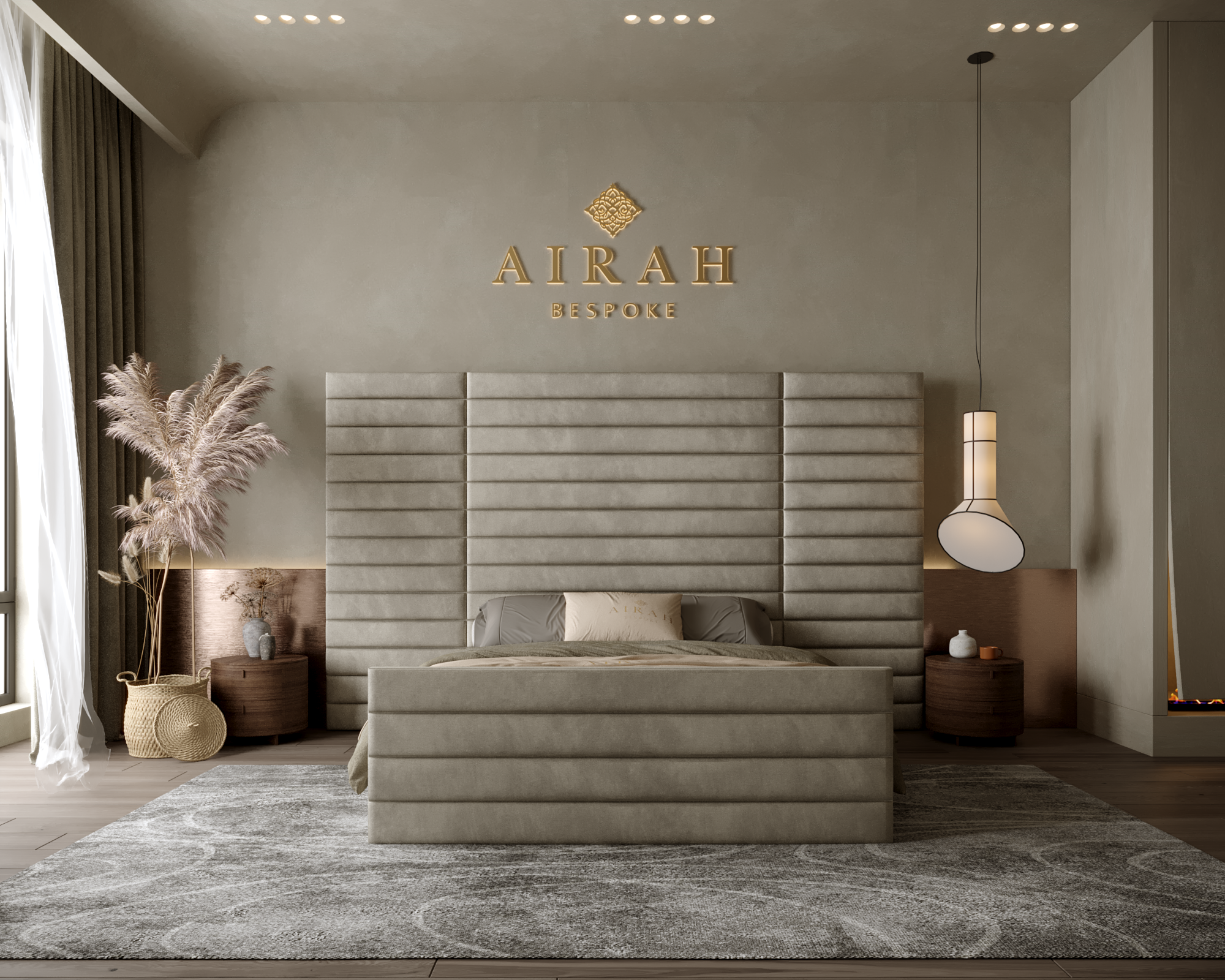 Eva Luxe luxury bed featuring an extended upholstered headboard, elegant contemporary bedroom furniture