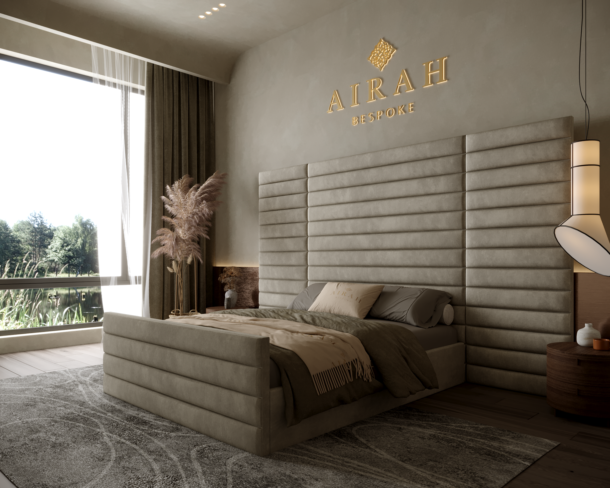 Eva Luxe luxury bed featuring an extended upholstered headboard, elegant contemporary bedroom furniture