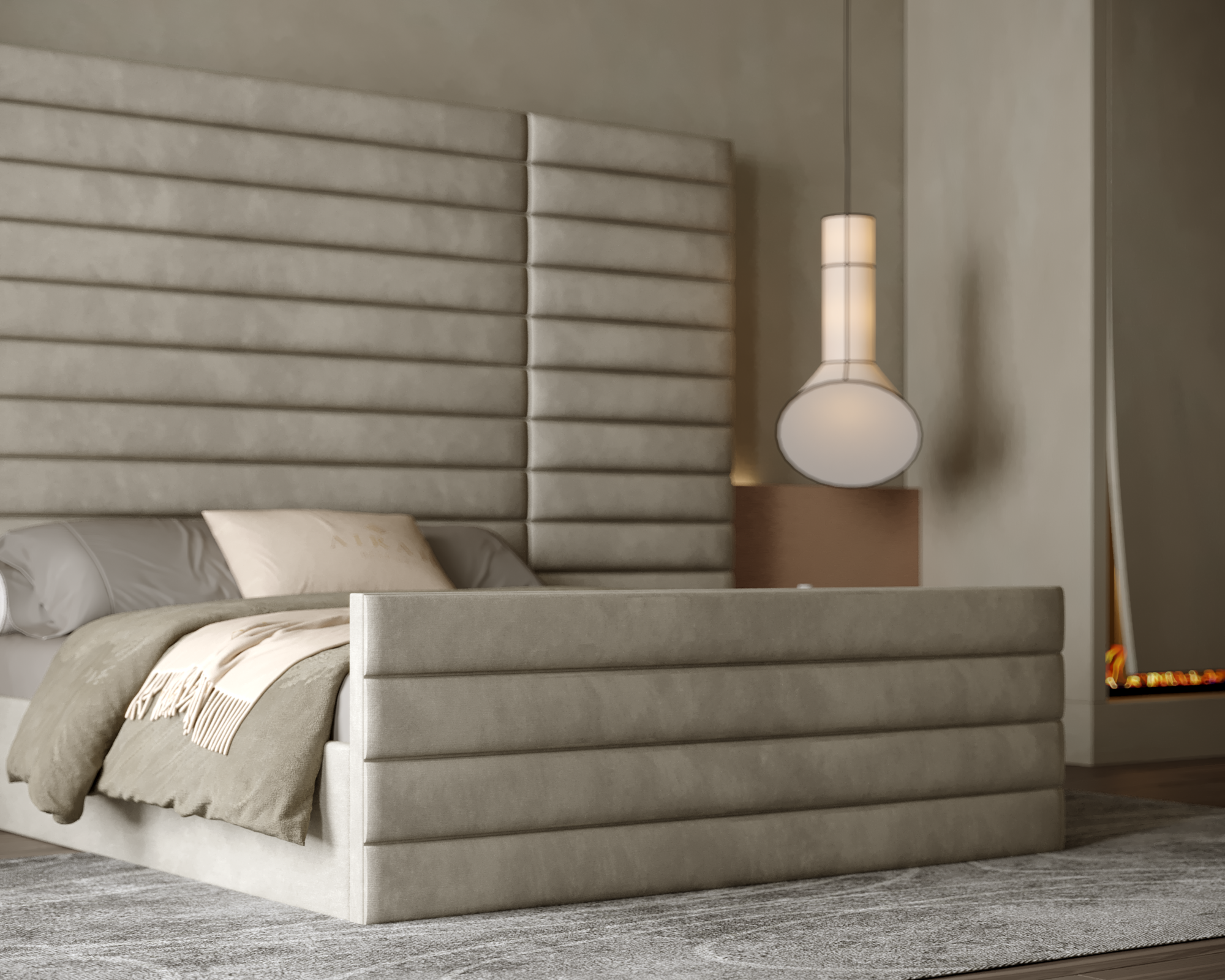 Eva Luxe luxury bed featuring an extended upholstered headboard, elegant contemporary bedroom furniture