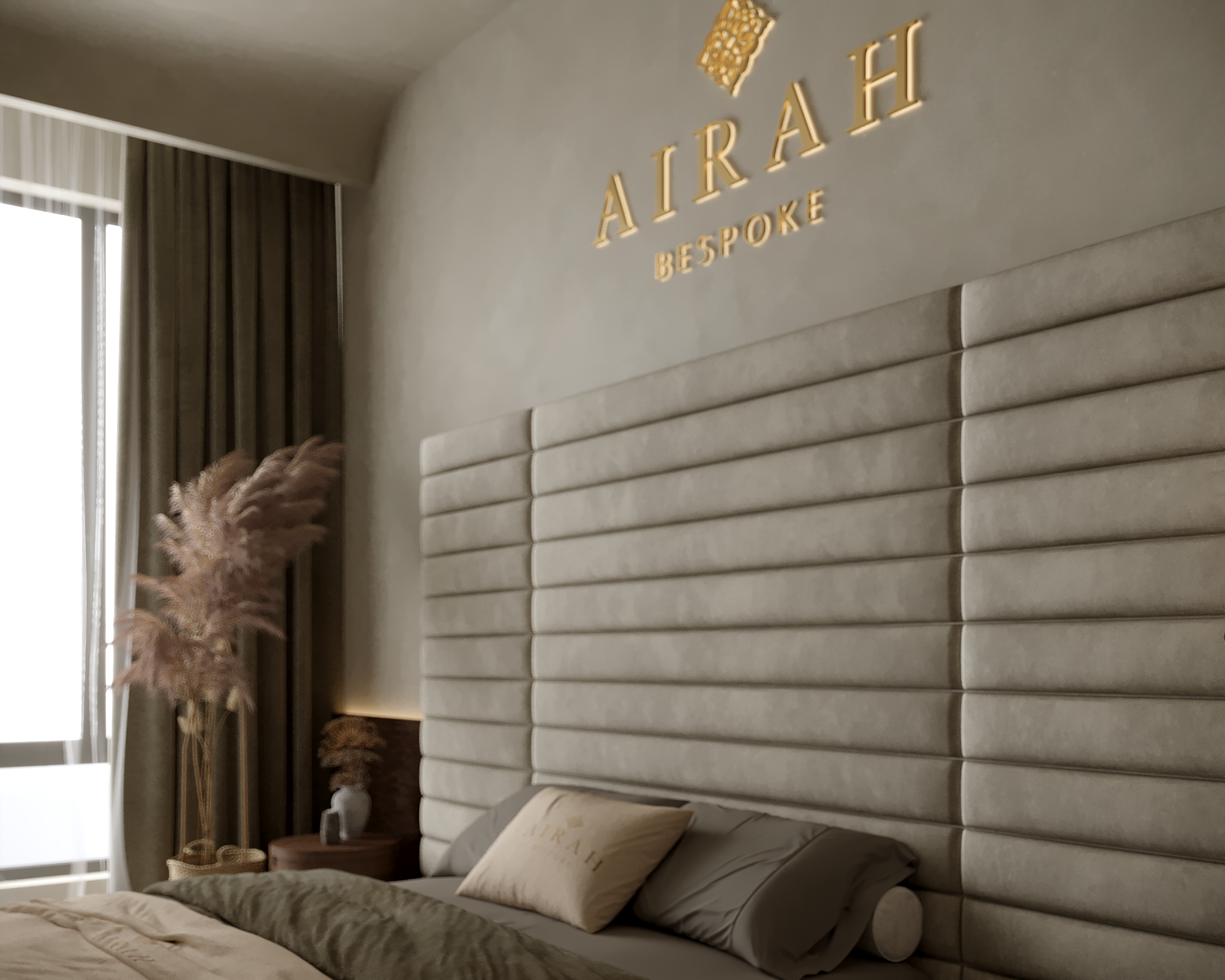 Eva Luxe luxury bed featuring an extended upholstered headboard, elegant contemporary bedroom furniture