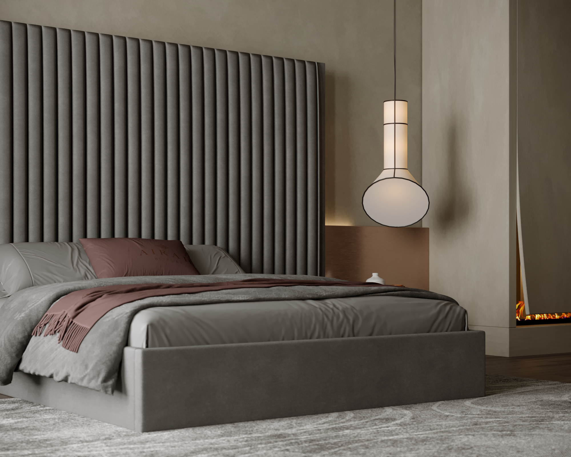 Jasmine Velour Bed with Extended Headboard in modern bedroom setting, luxurious velvet upholstery, contemporary design, comfortable king-size bed