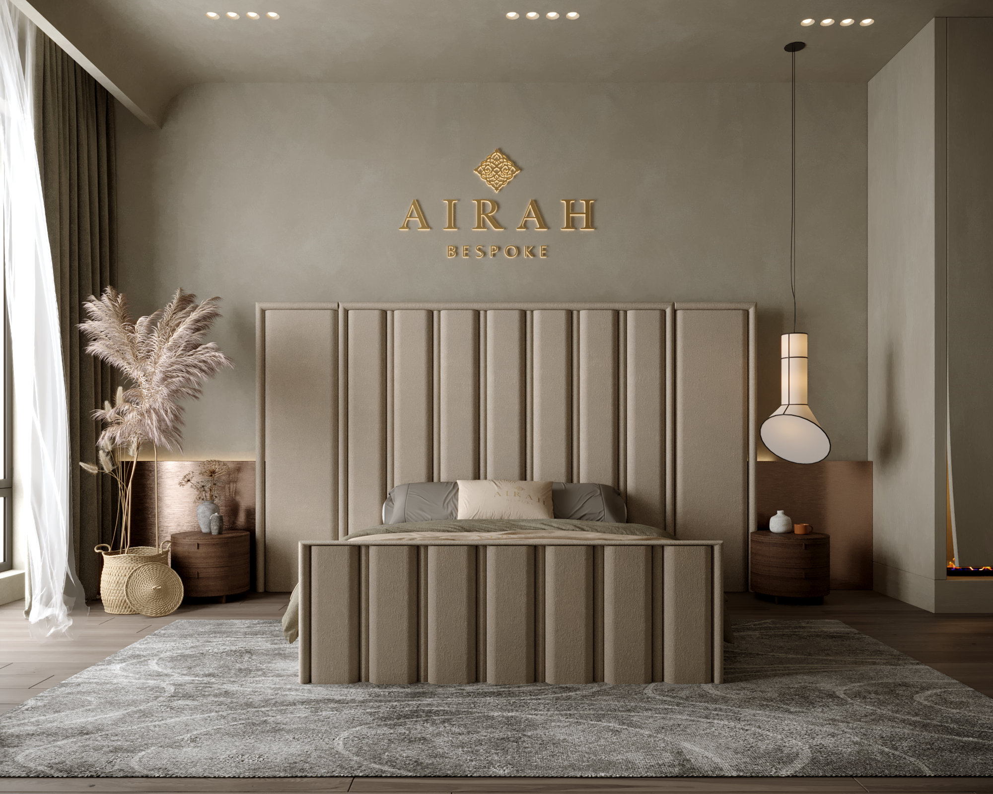 Layla Couture luxury bed featuring an extended upholstered headboard, elegant contemporary bedroom furniture