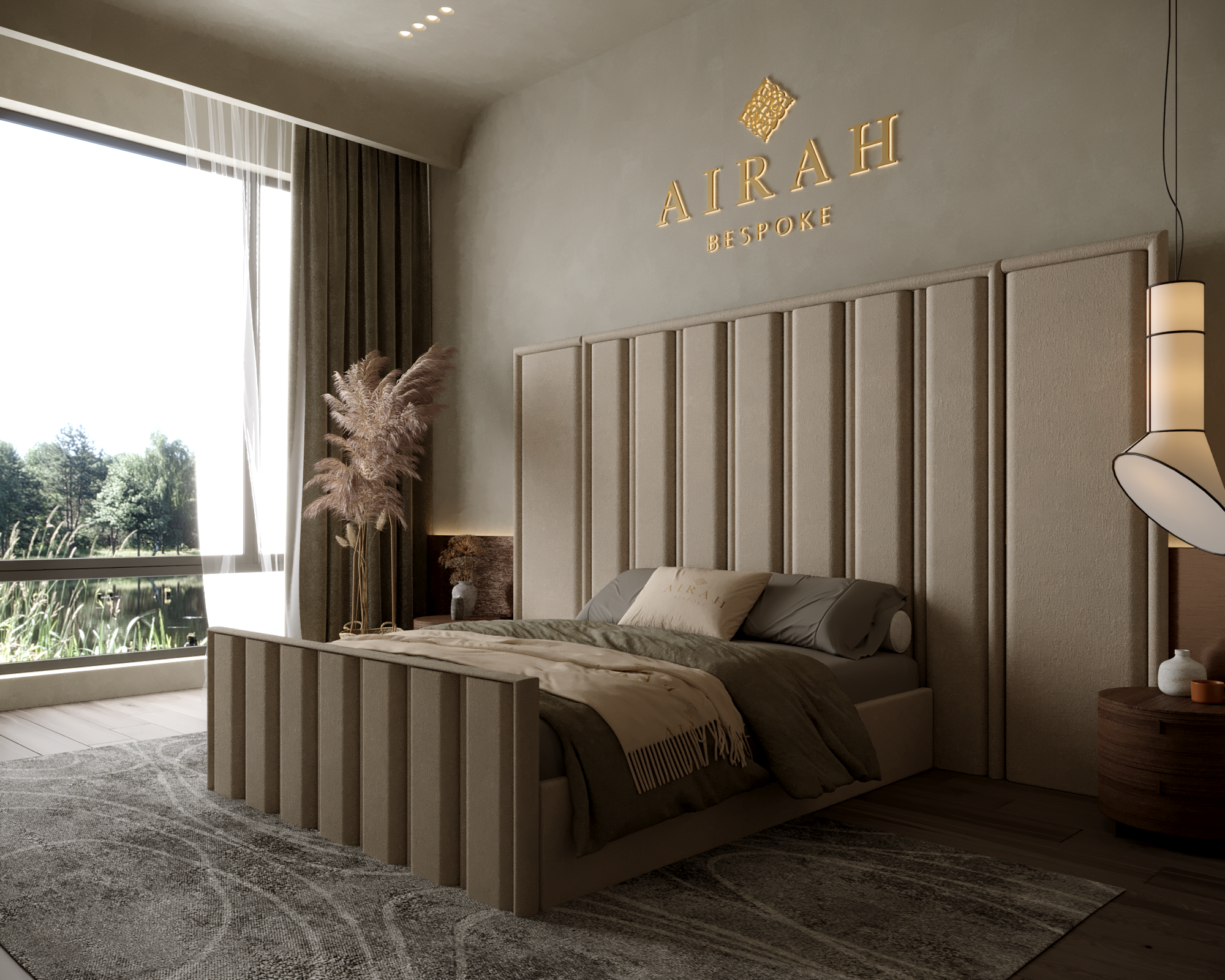 Layla Couture luxury bed featuring an extended upholstered headboard, elegant contemporary bedroom furniture