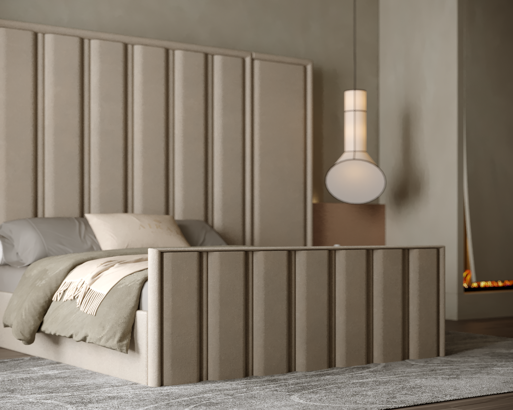 Layla Couture luxury bed featuring an extended upholstered headboard, elegant contemporary bedroom furniture