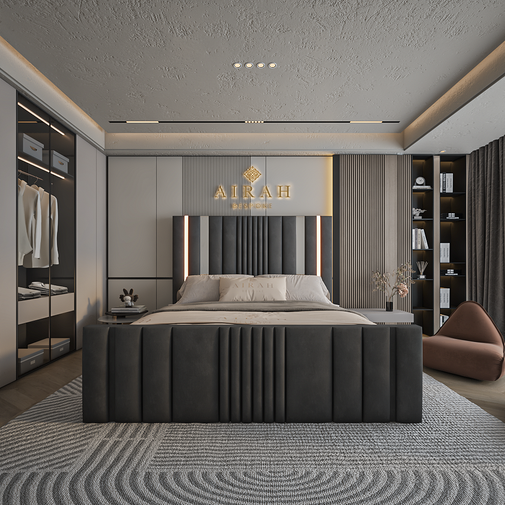 Lumen LED upholstered bed frame with integrated lights – stylish modern bedroom furniture