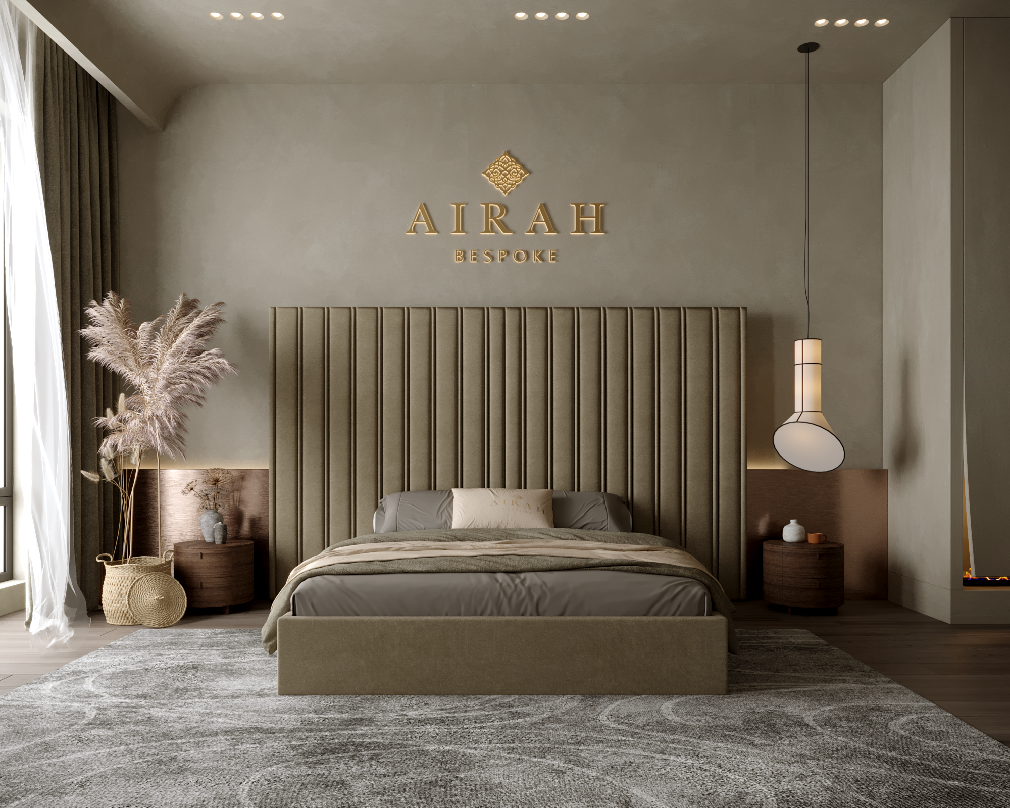 Maya Royale bed featuring an extended upholstered headboard, premium modern bedroom furniture