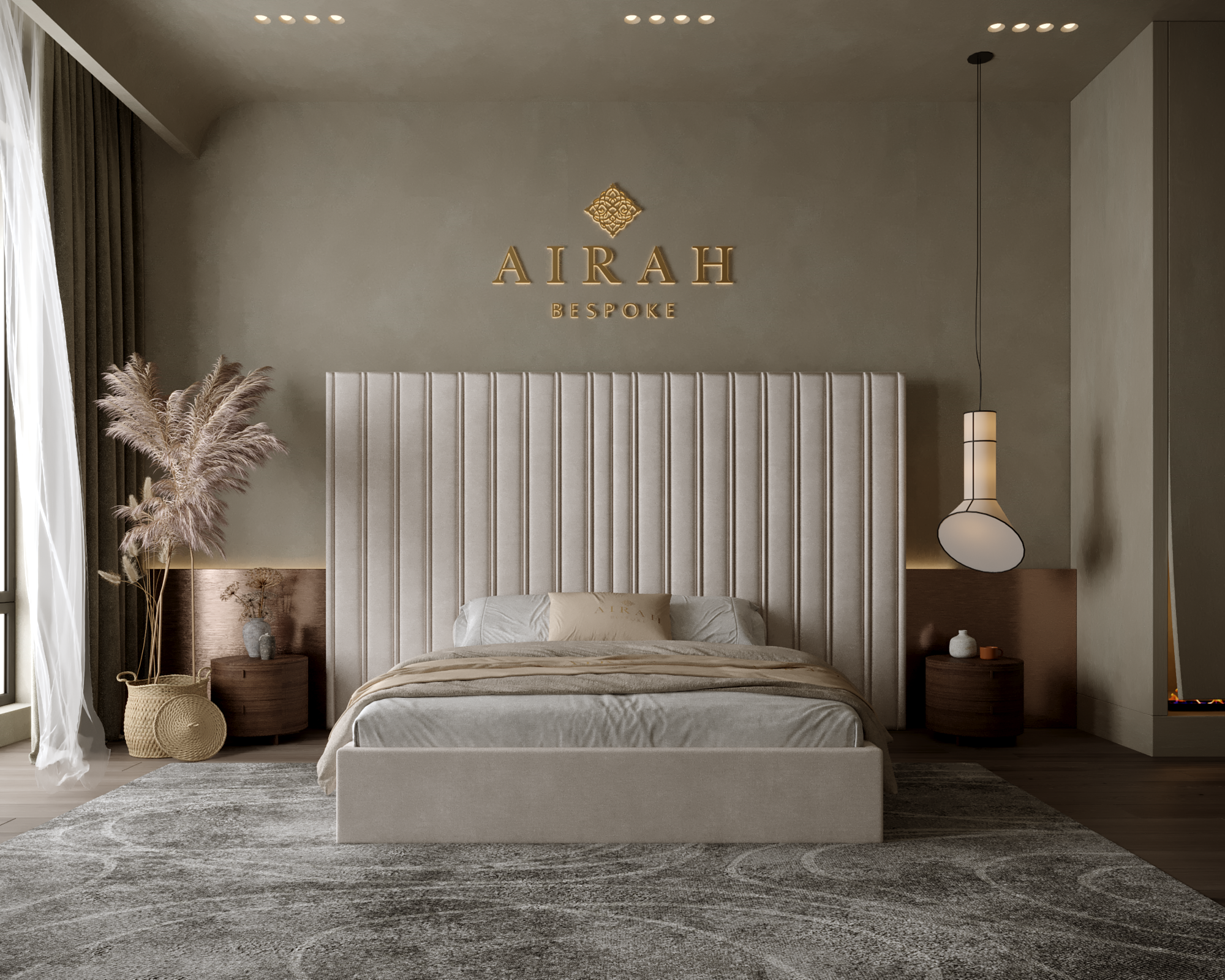 Maya Royale Luxe bed with extended headboard, luxury upholstered bed frame for elegant bedroom interiors.