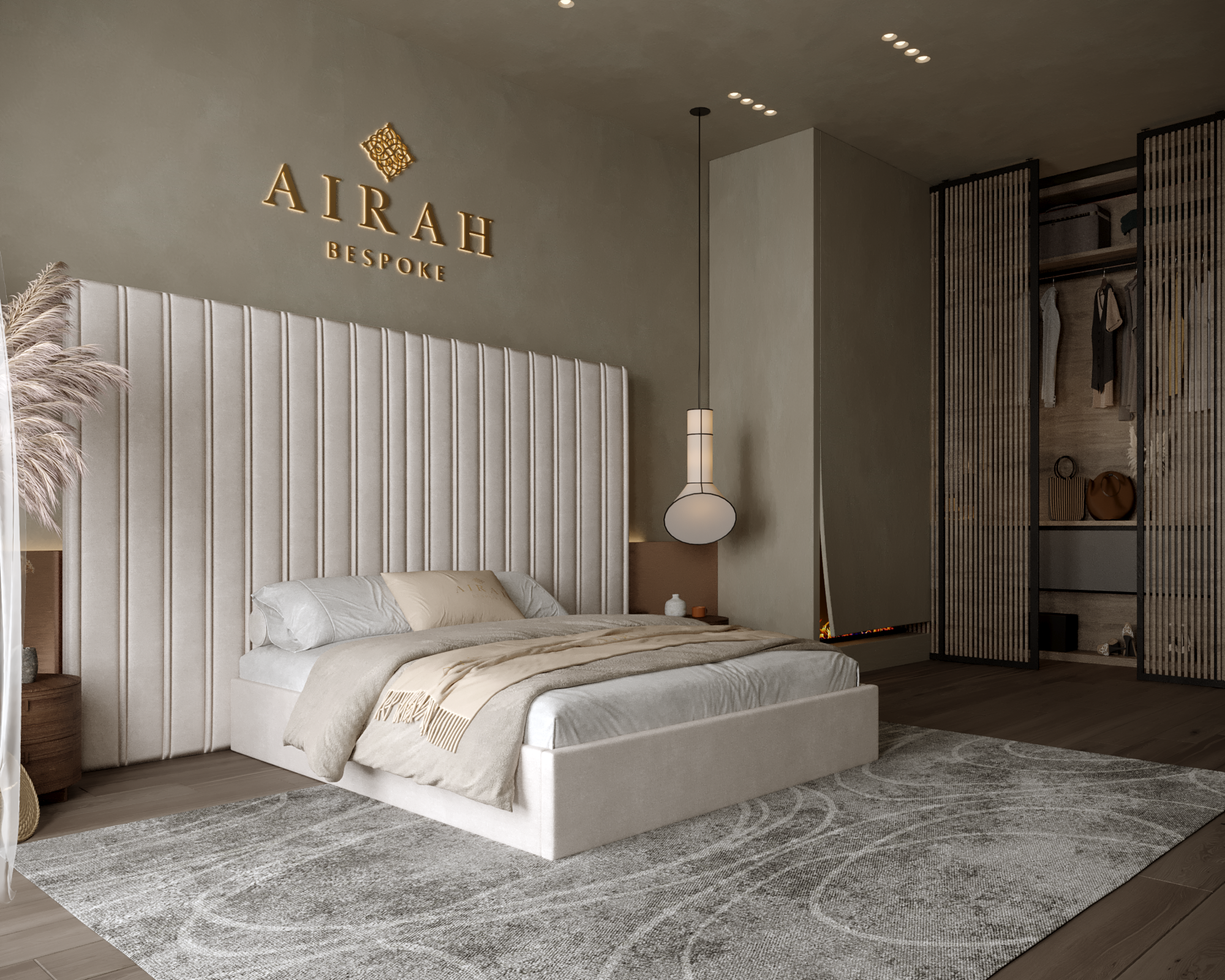 Maya Royale Luxe bed with extended headboard, luxury upholstered bed frame for elegant bedroom interiors.