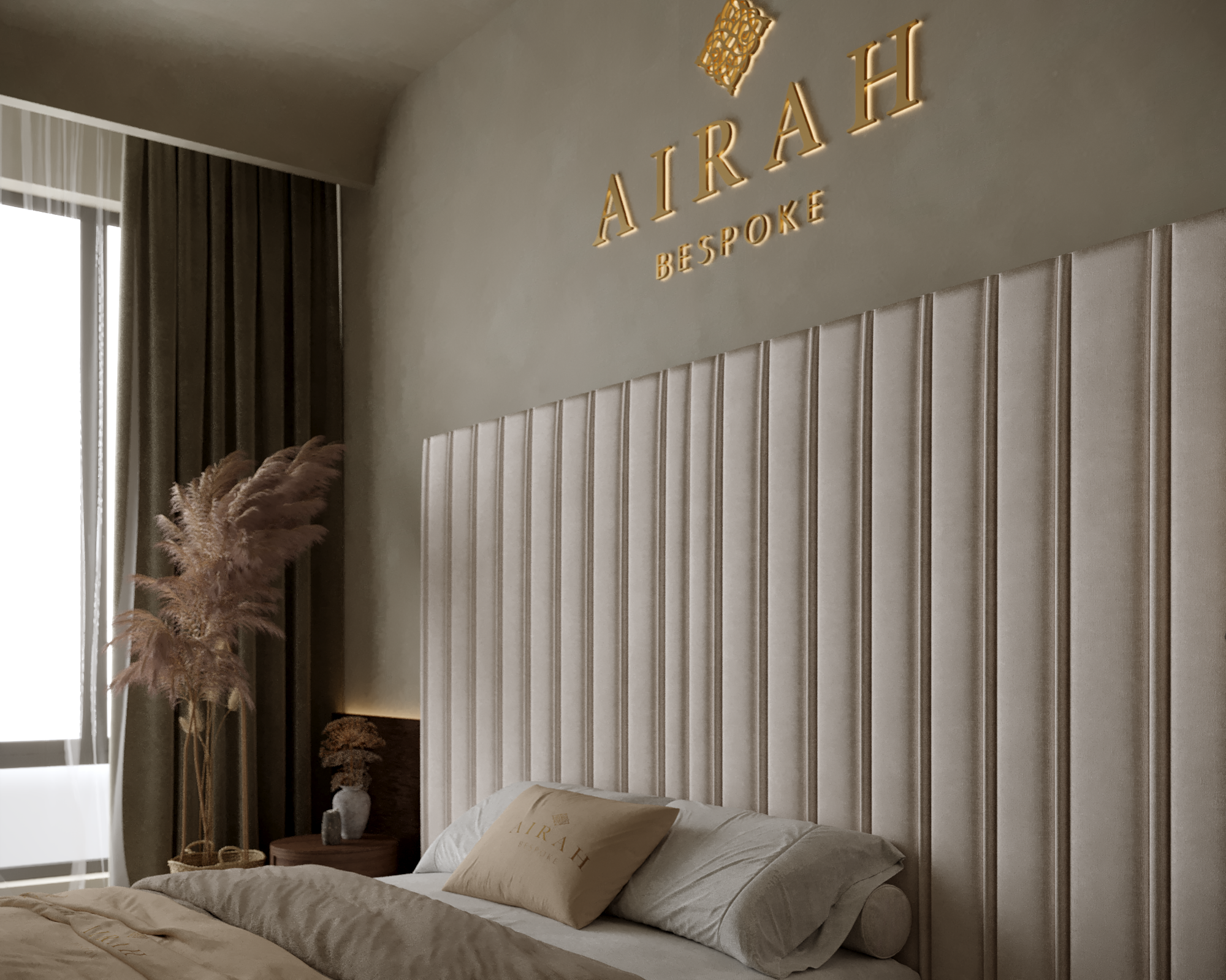 Maya Royale Luxe bed with extended headboard, luxury upholstered bed frame for elegant bedroom interiors.