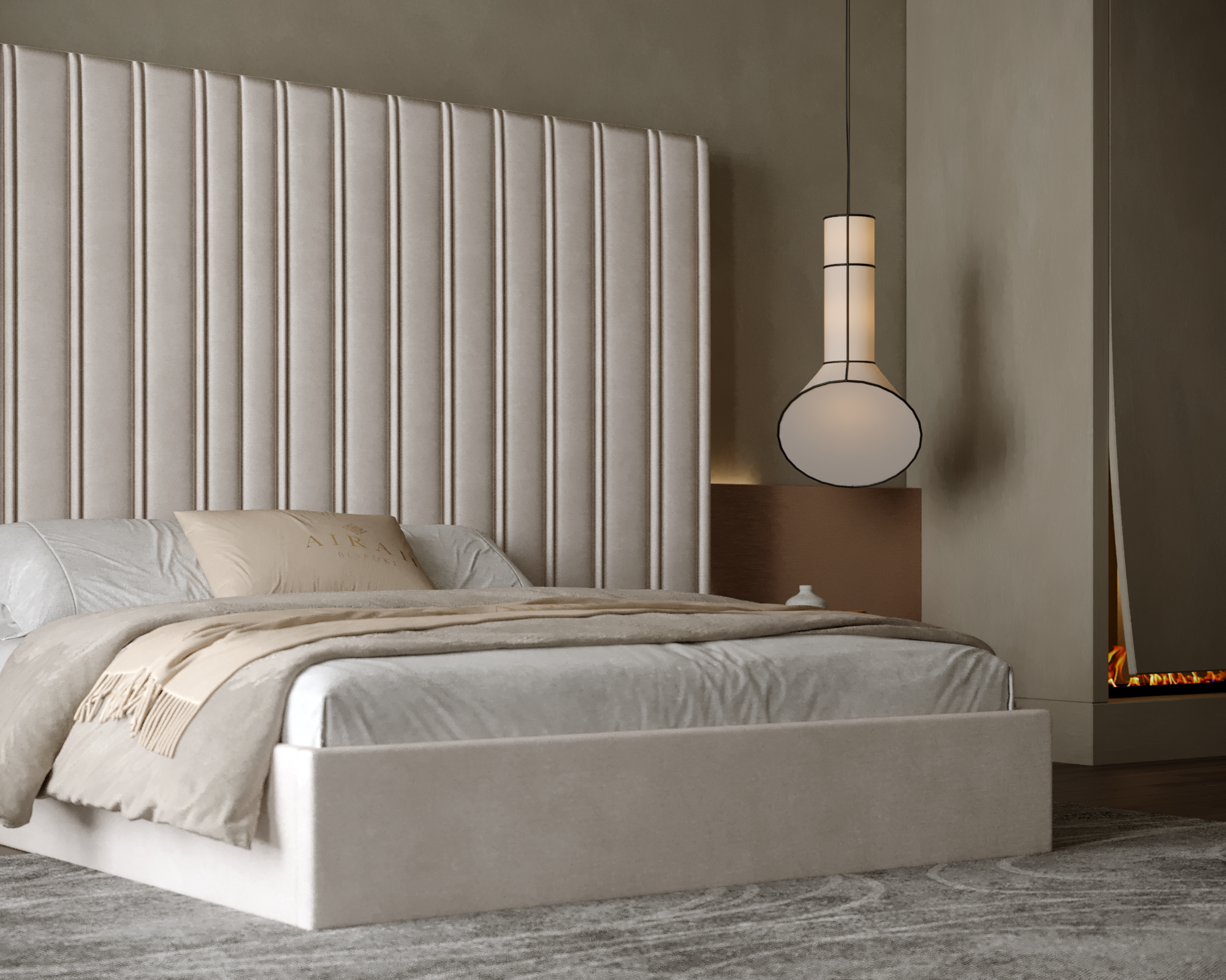 Maya Royale Luxe bed with extended headboard, luxury upholstered bed frame for elegant bedroom interiors.