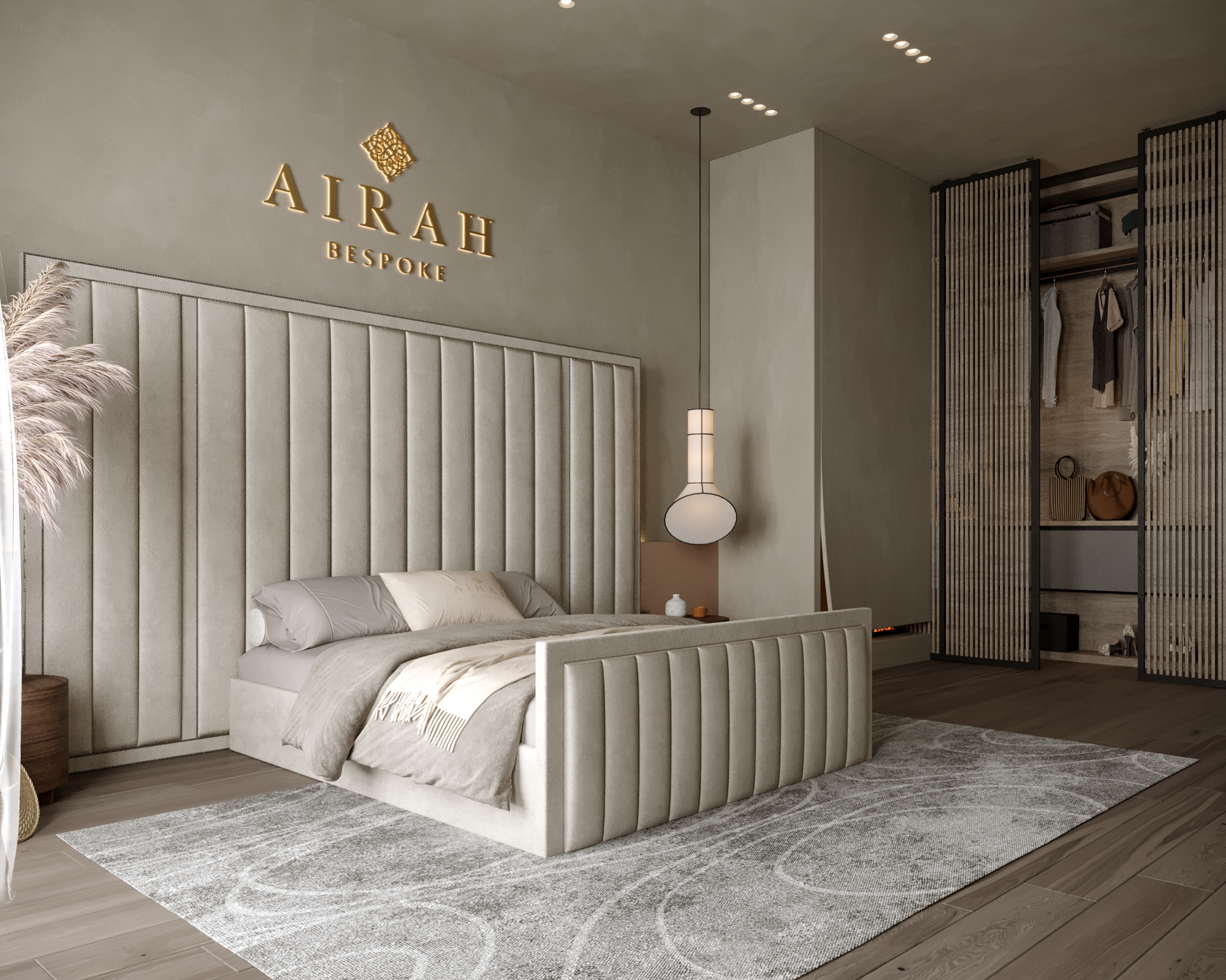 Mila Majestic luxury bed featuring an extended upholstered headboard, modern bedroom furniture