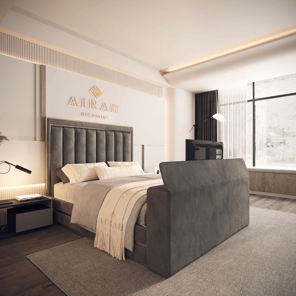 Left side view of Mira bed – upholstered bed frame with padded headboard