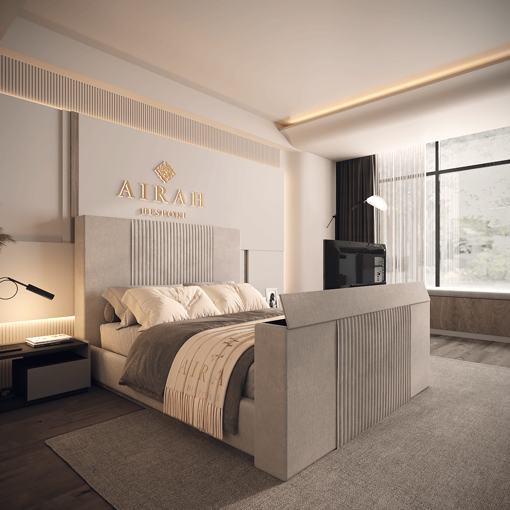 Noor upholstered bed left angle – contemporary luxury bed frame for bedrooms