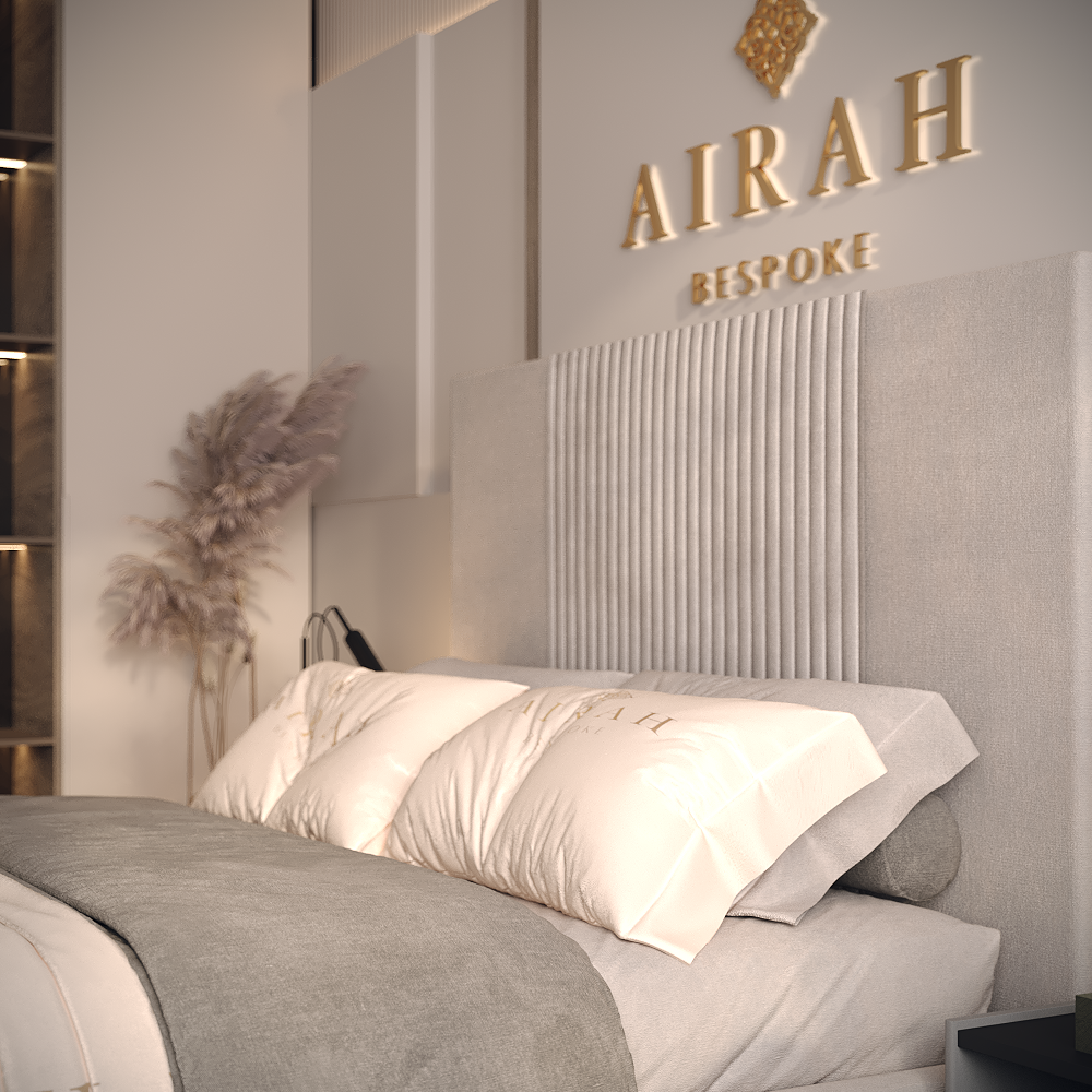 Noor luxury bed – upholstered bed frame with padded headboard and sleek finish