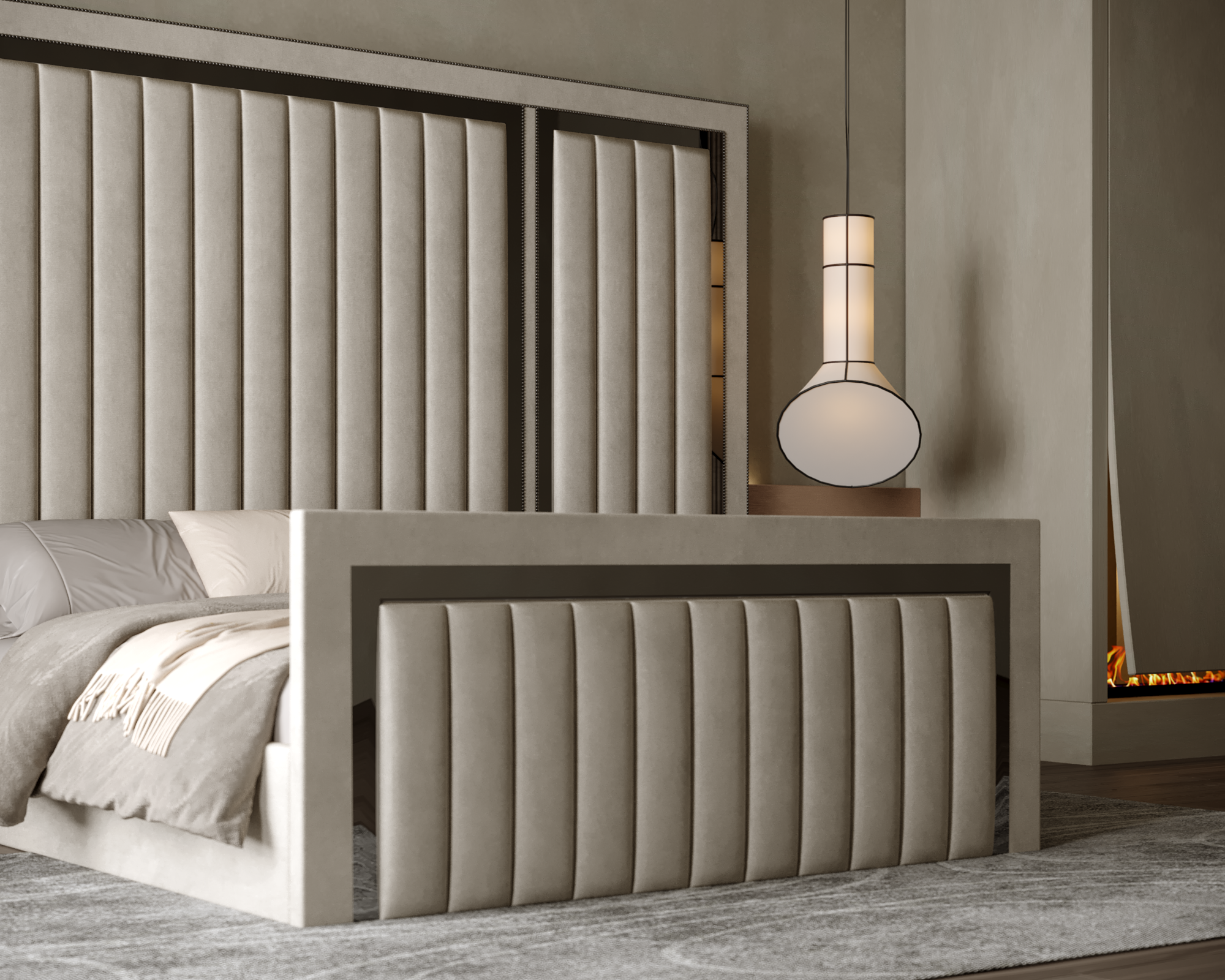 Riva Reign luxury bed featuring an extended upholstered headboard, contemporary bedroom furniture design