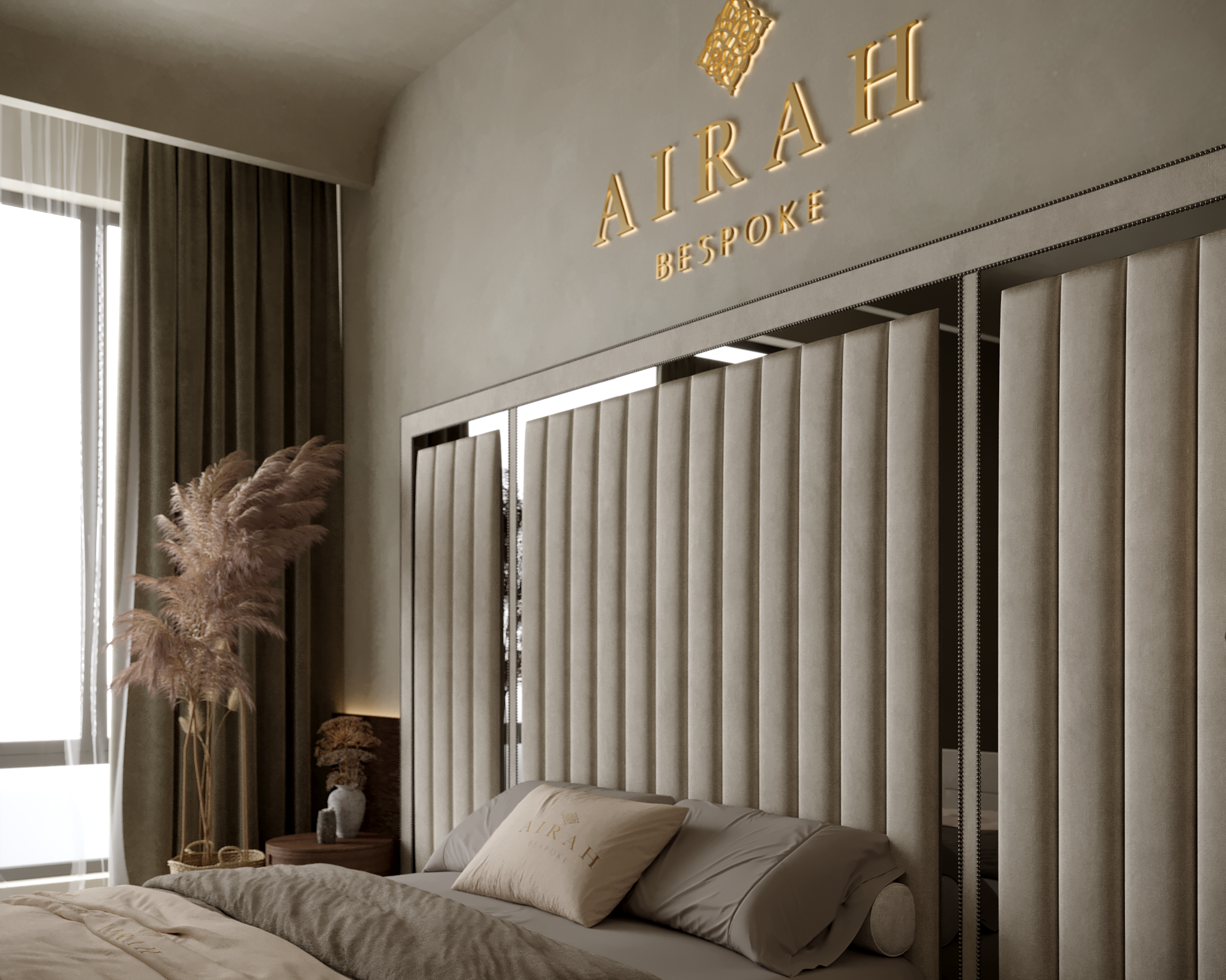 Riva Reign luxury bed featuring an extended upholstered headboard, contemporary bedroom furniture design