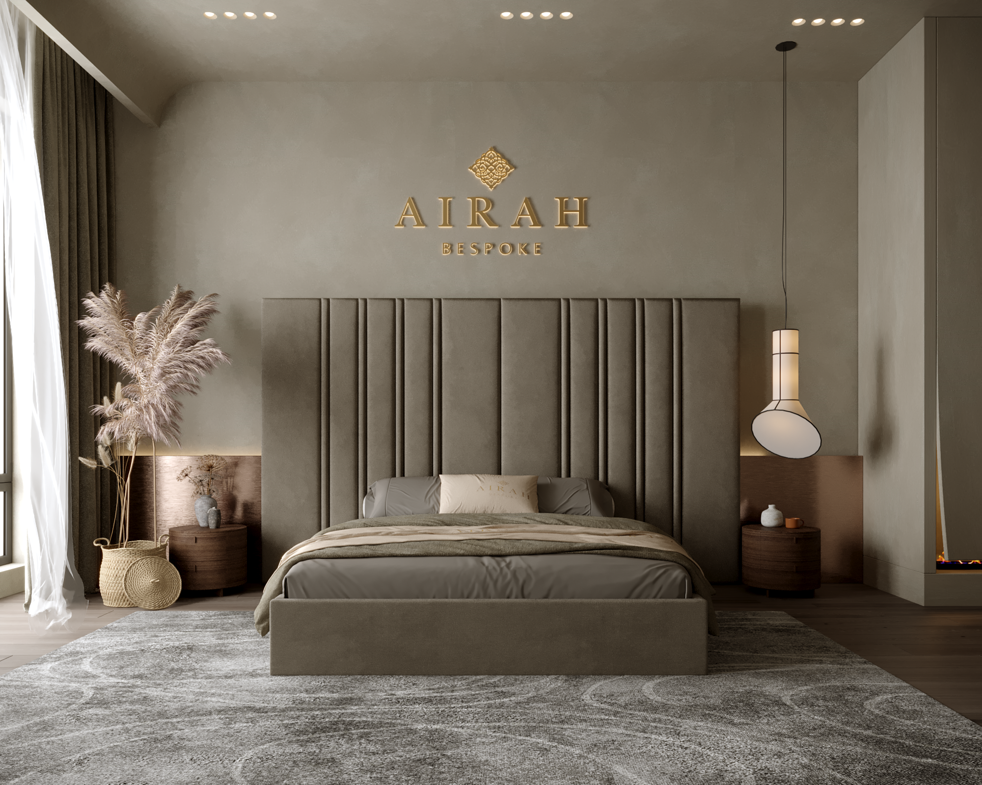 RoseHaven bed featuring an extended upholstered headboard, luxury modern bedroom furniture