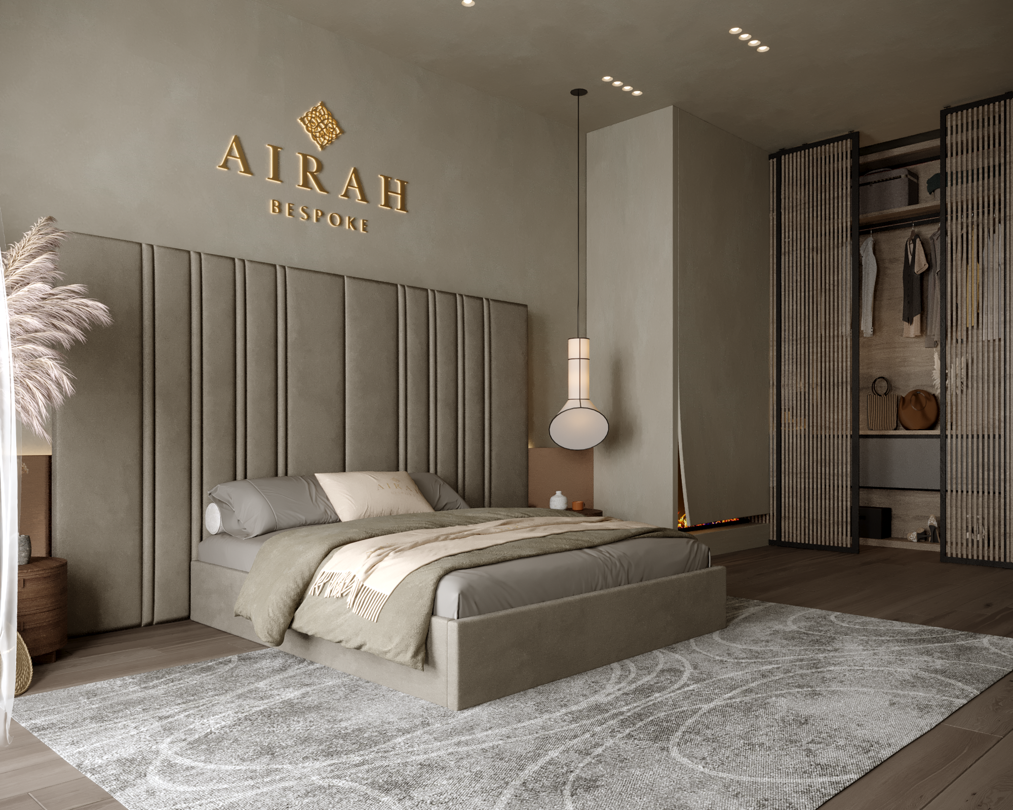 RoseHaven bed featuring an extended upholstered headboard, luxury modern bedroom furniture