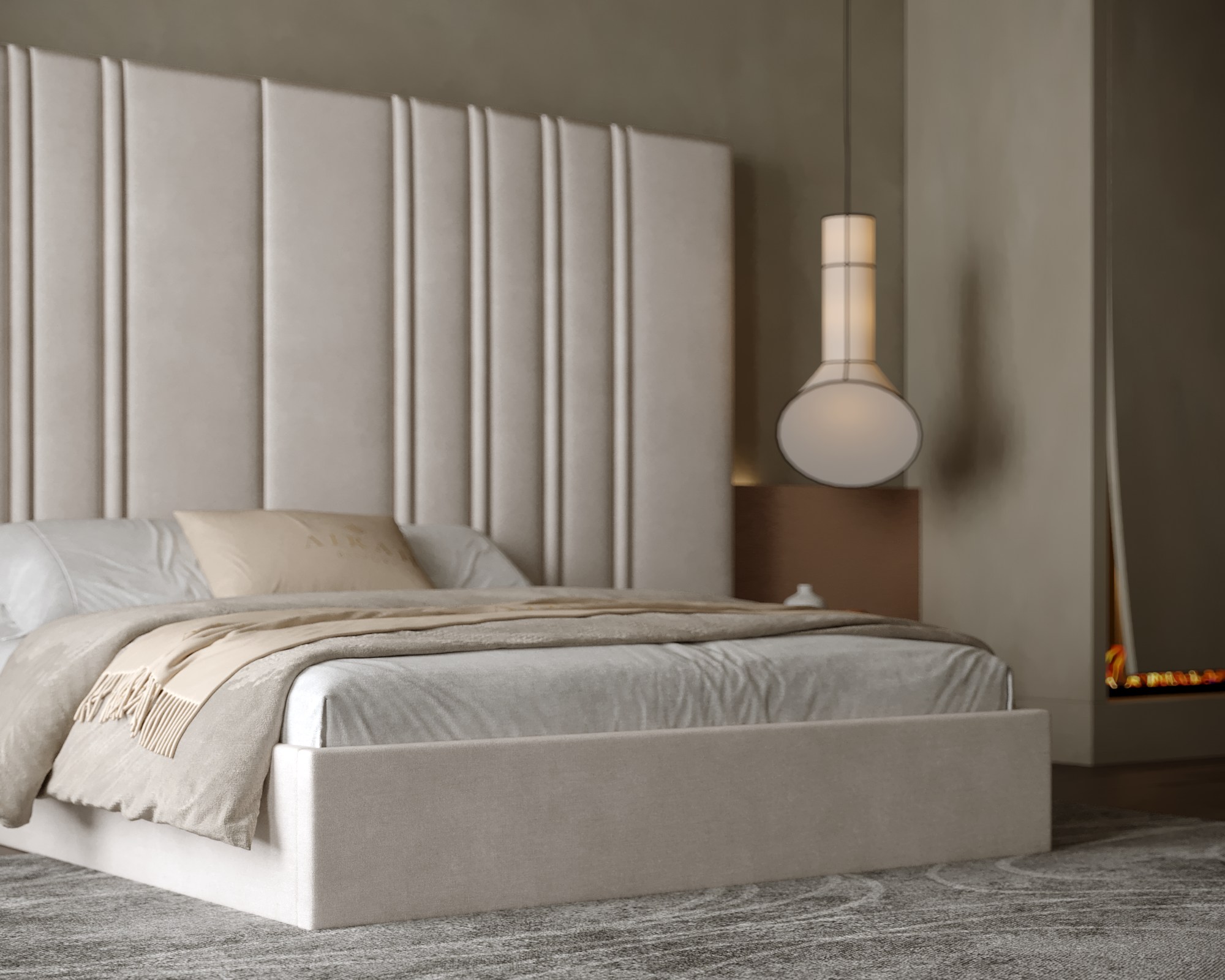 Rose Haven Luxe bed with extended headboard, elegant luxury upholstered bed for modern bedroom interiors
