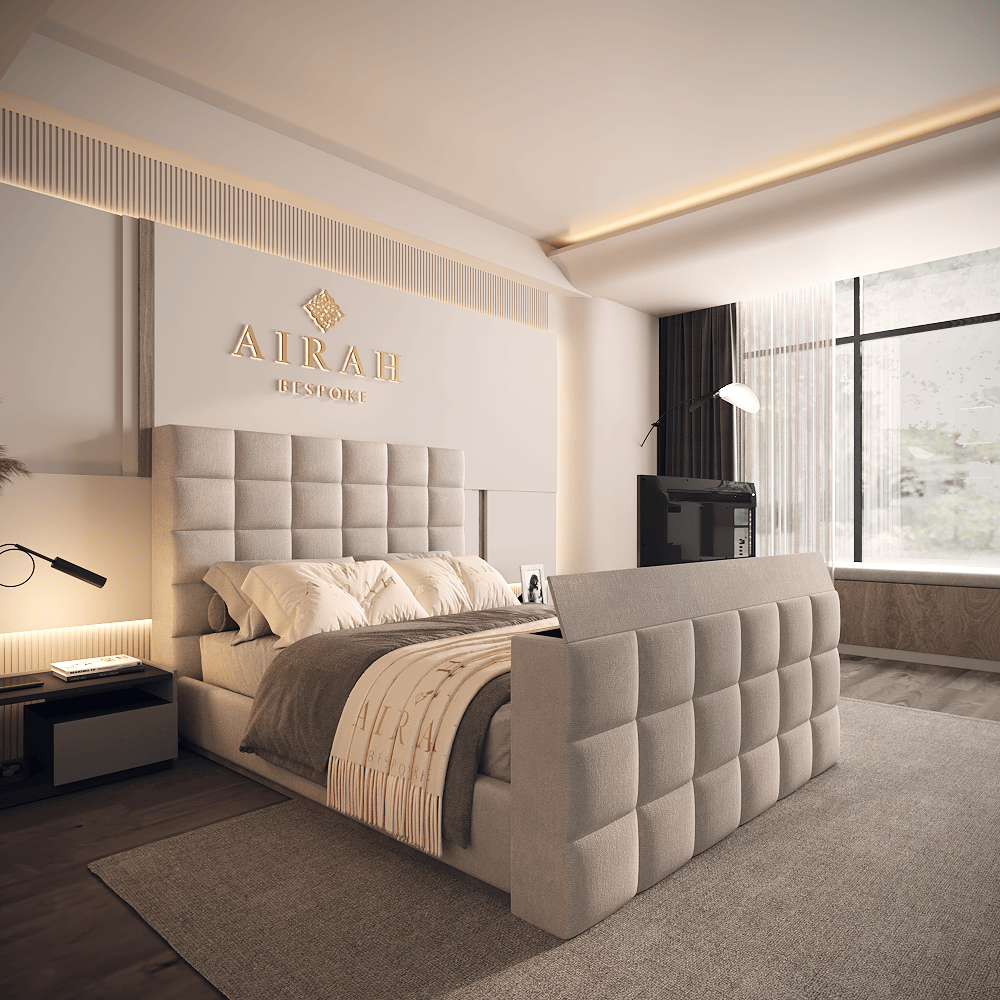 Sable upholstered bed left angle – contemporary luxury bed frame for bedrooms