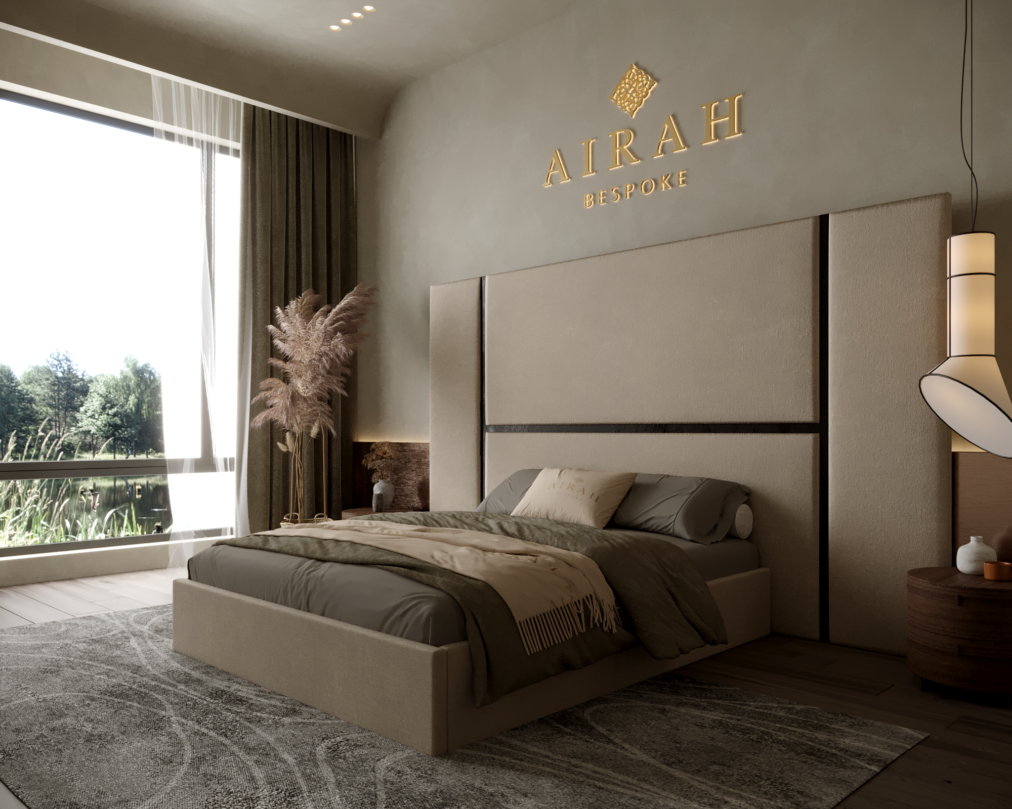 Talia Luxora bed with extended headboard, luxury upholstered bed frame for elegant bedroom interiors.