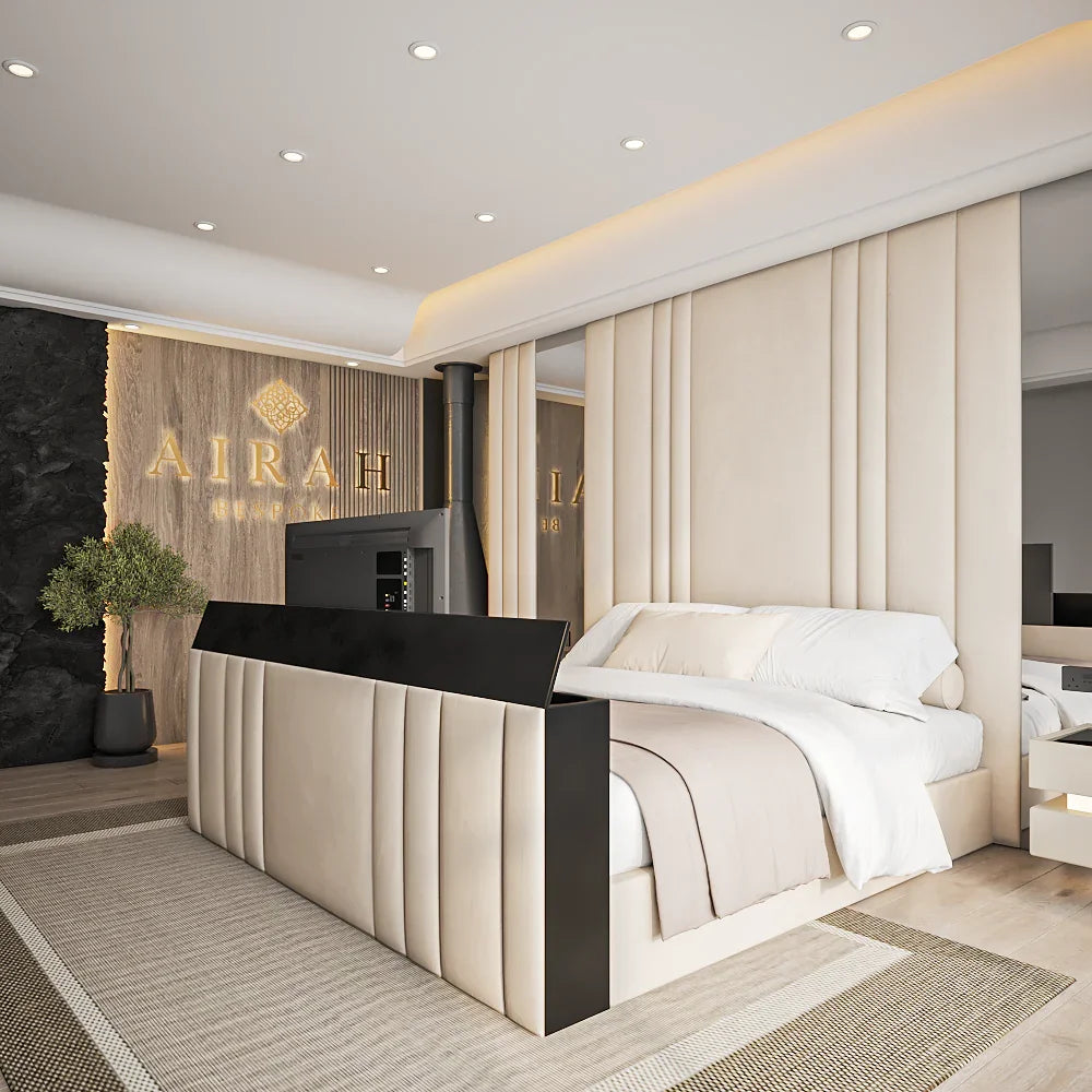 The Vale High End TV Conversion bed – luxury upholstered TV bed with pop-up TV lift