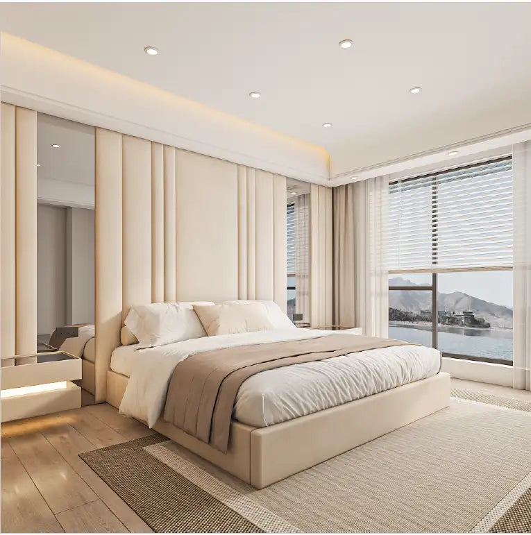 Wall panel mirror bed – upholstered bed with mirrored wall panels for luxury bedroom look