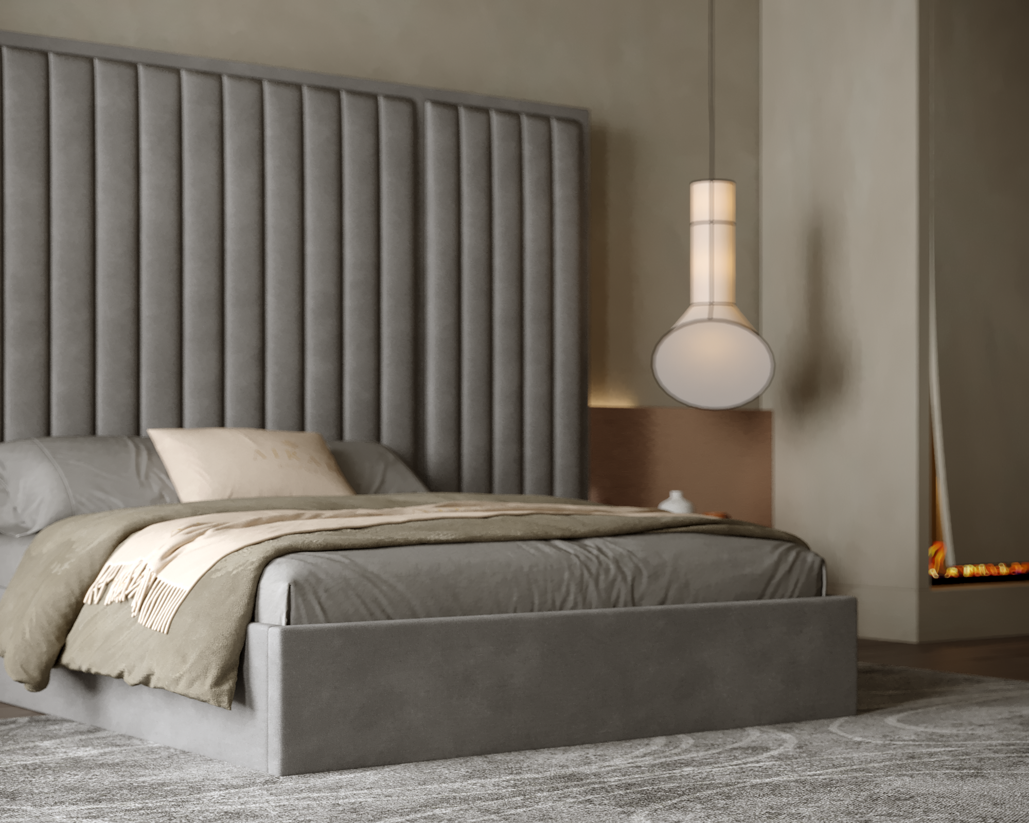 Alyssa Prestige bed featuring an extended upholstered headboard, premium modern bedroom furniture