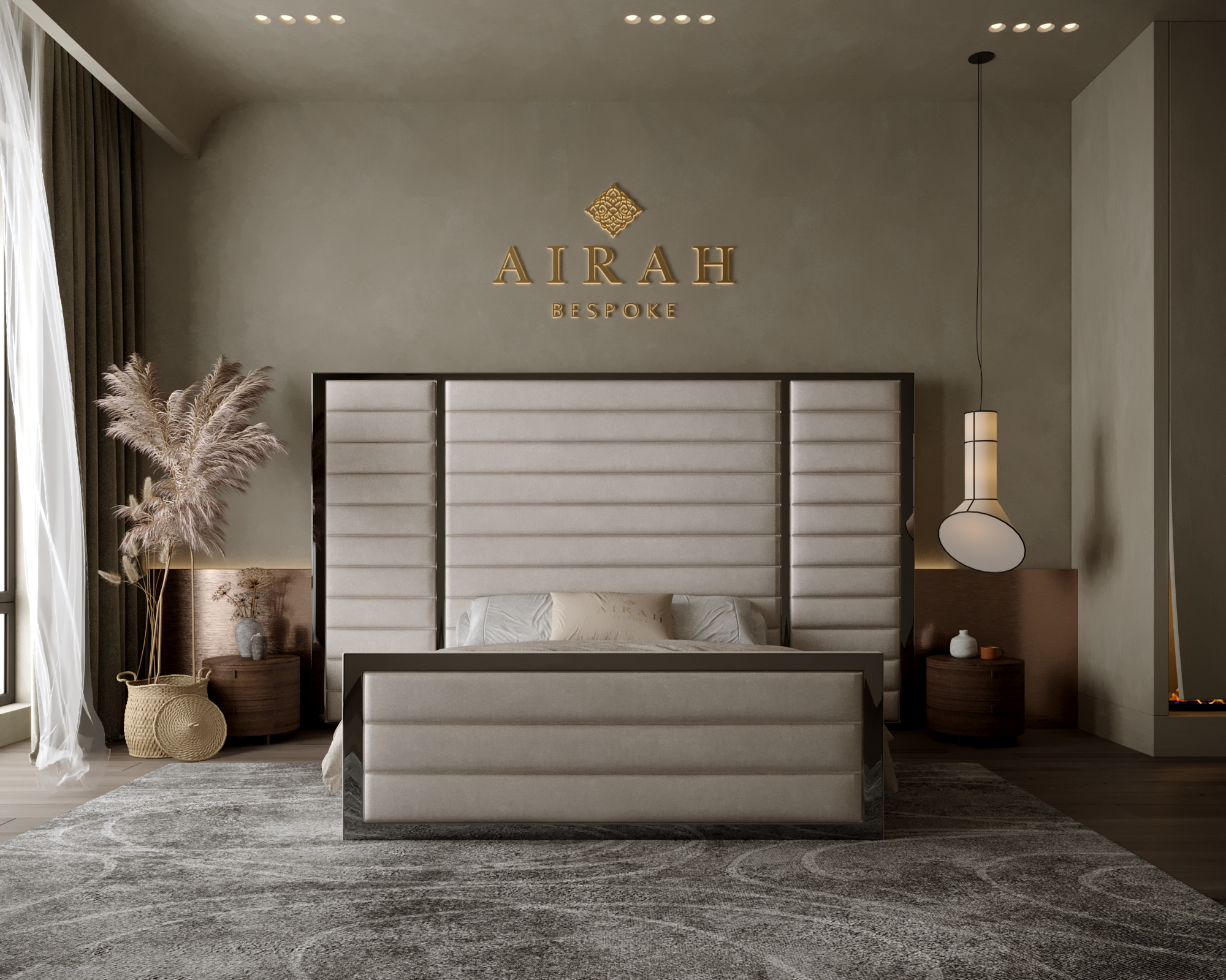 Amaya Grande Luxe bed with extended headboard, luxury upholstered bed frame for elegant bedroom interiors.