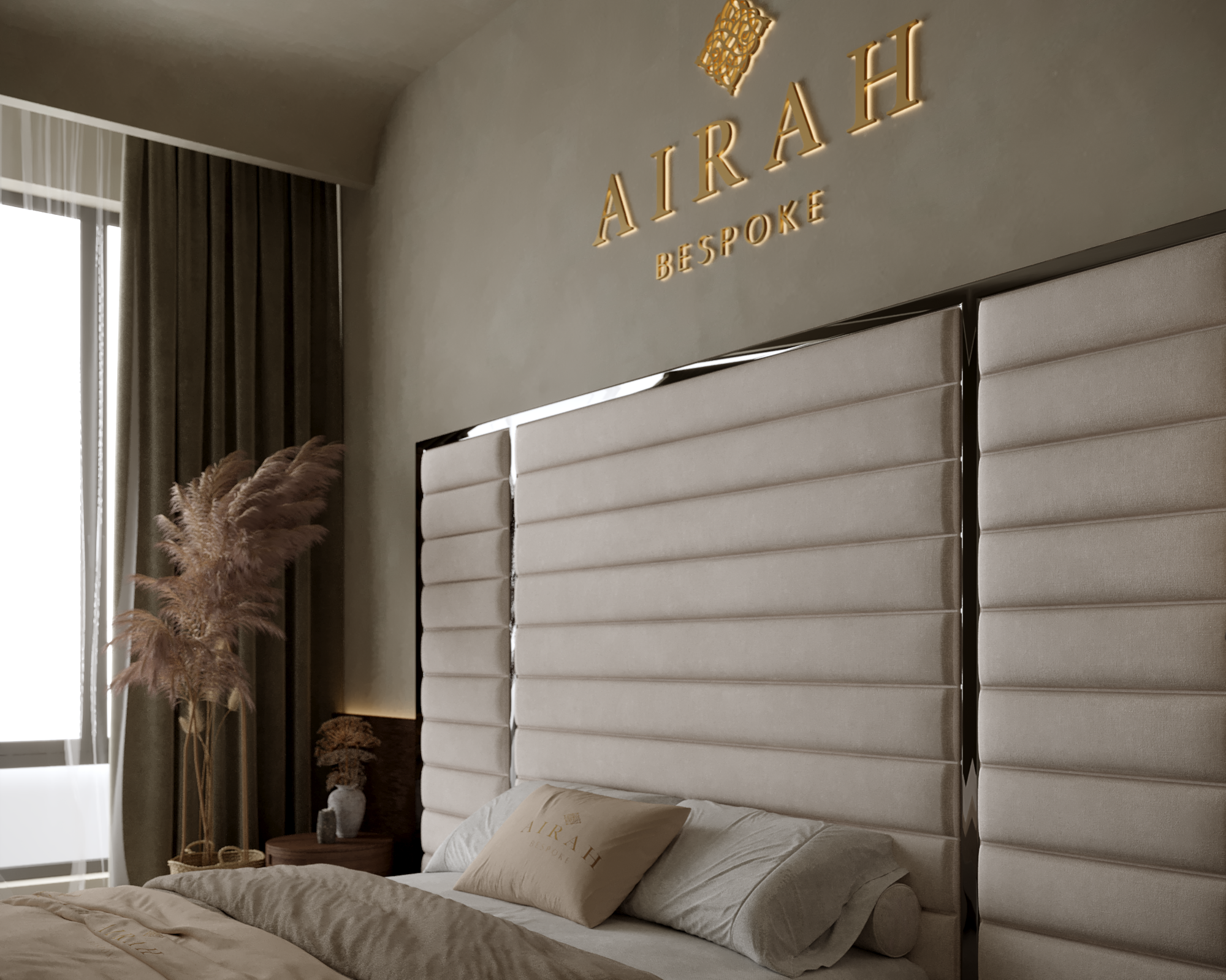 Amaya Grande Luxe bed with extended headboard, luxury upholstered bed frame for elegant bedroom interiors.