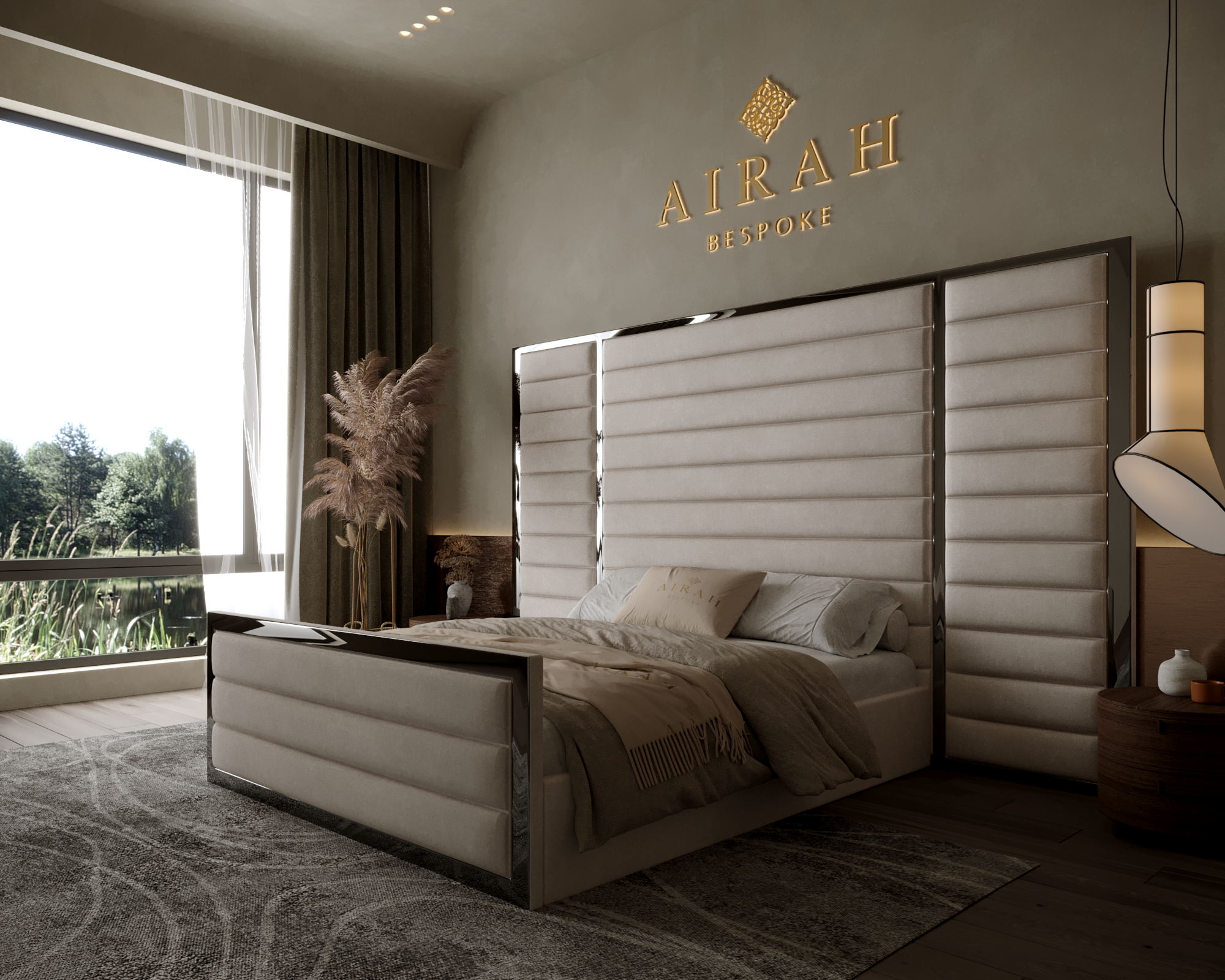 Amaya Grande Luxe bed with extended headboard, luxury upholstered bed frame for elegant bedroom interiors.