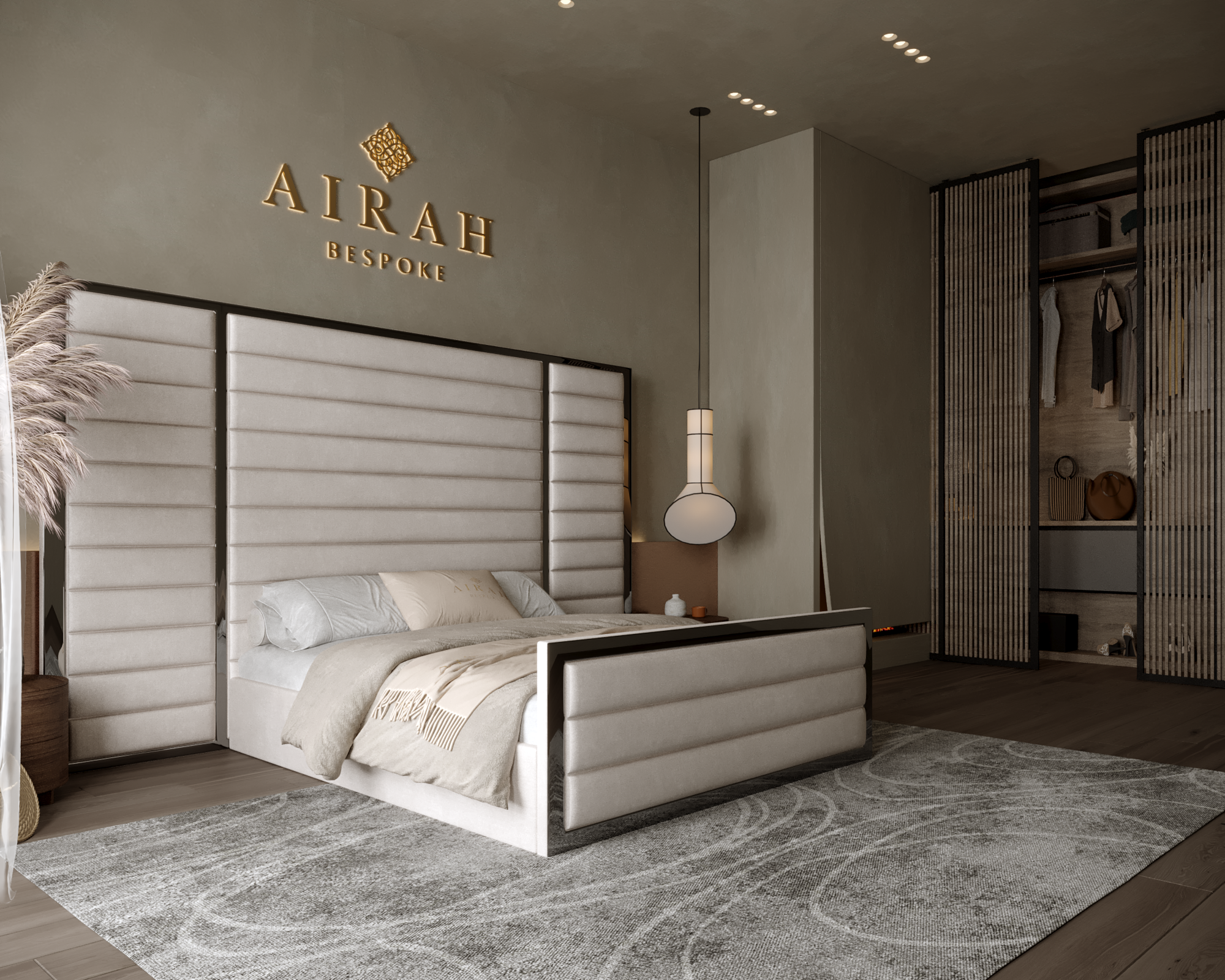 Amaya Grande Luxe bed with extended headboard, luxury upholstered bed frame for elegant bedroom interiors.