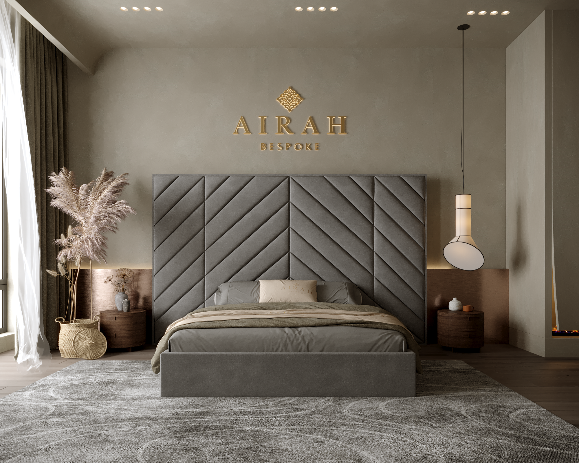 Airah Grande bed featuring an extended upholstered headboard, premium modern bedroom furniture