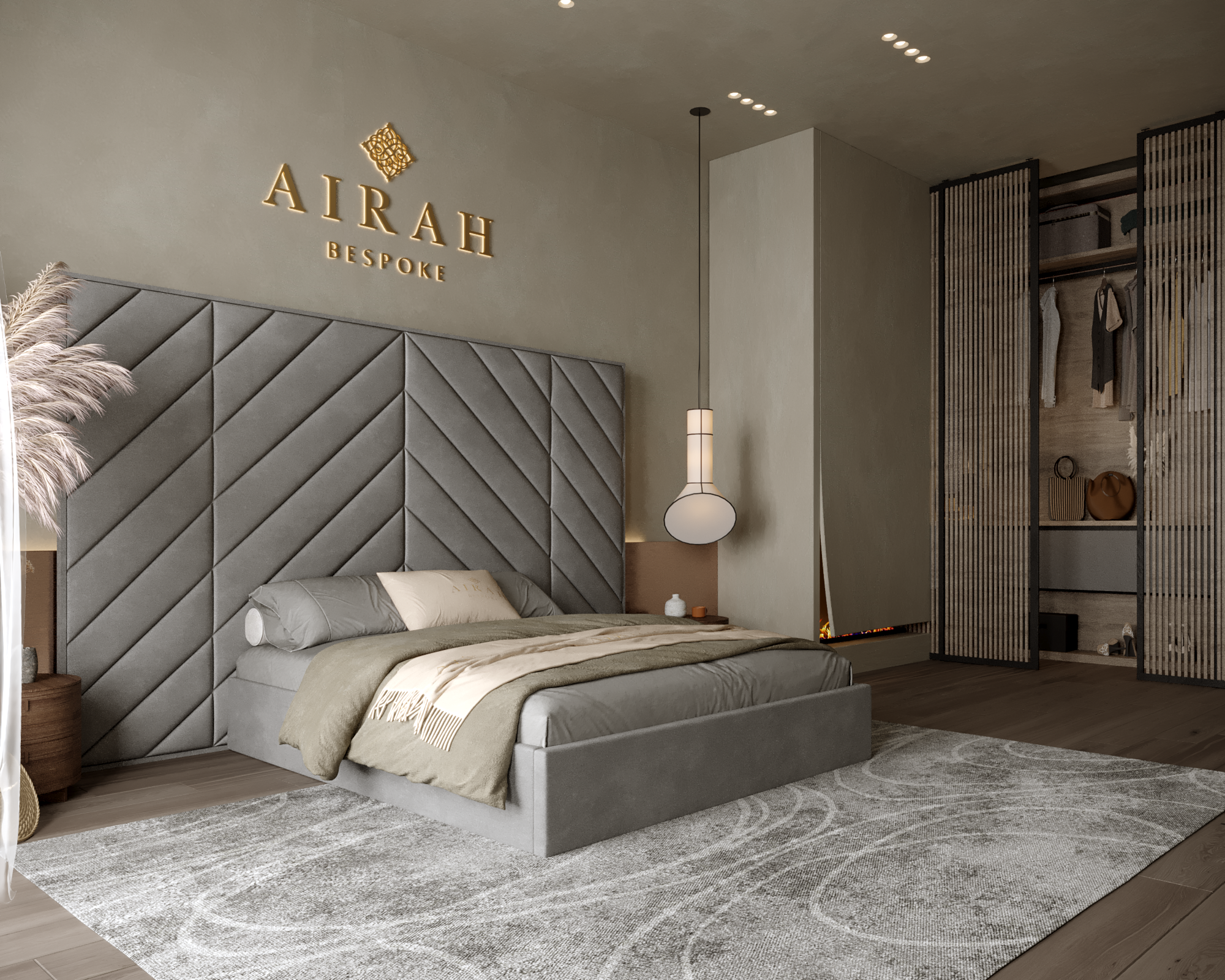 Airah Grande bed featuring an extended upholstered headboard, premium modern bedroom furniture