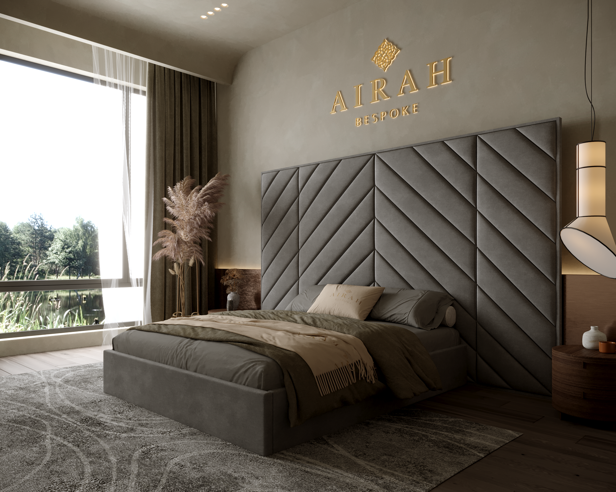 Airah Grande bed featuring an extended upholstered headboard, premium modern bedroom furniture
