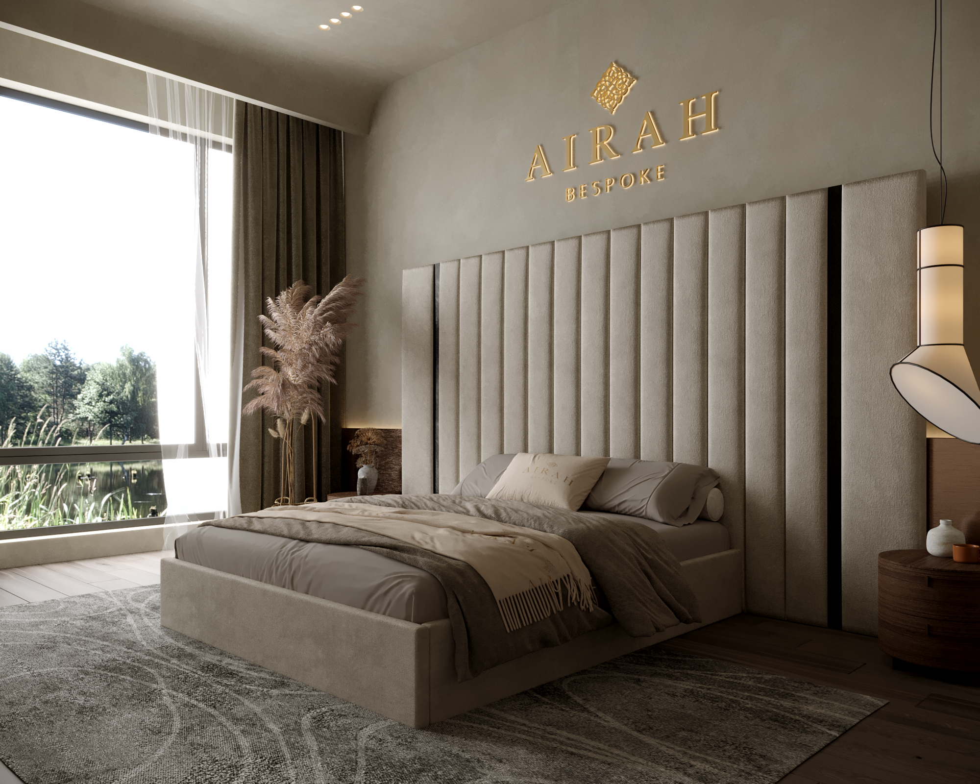 Aria Elite luxury bed featuring an extended upholstered headboard, contemporary bedroom furniture design