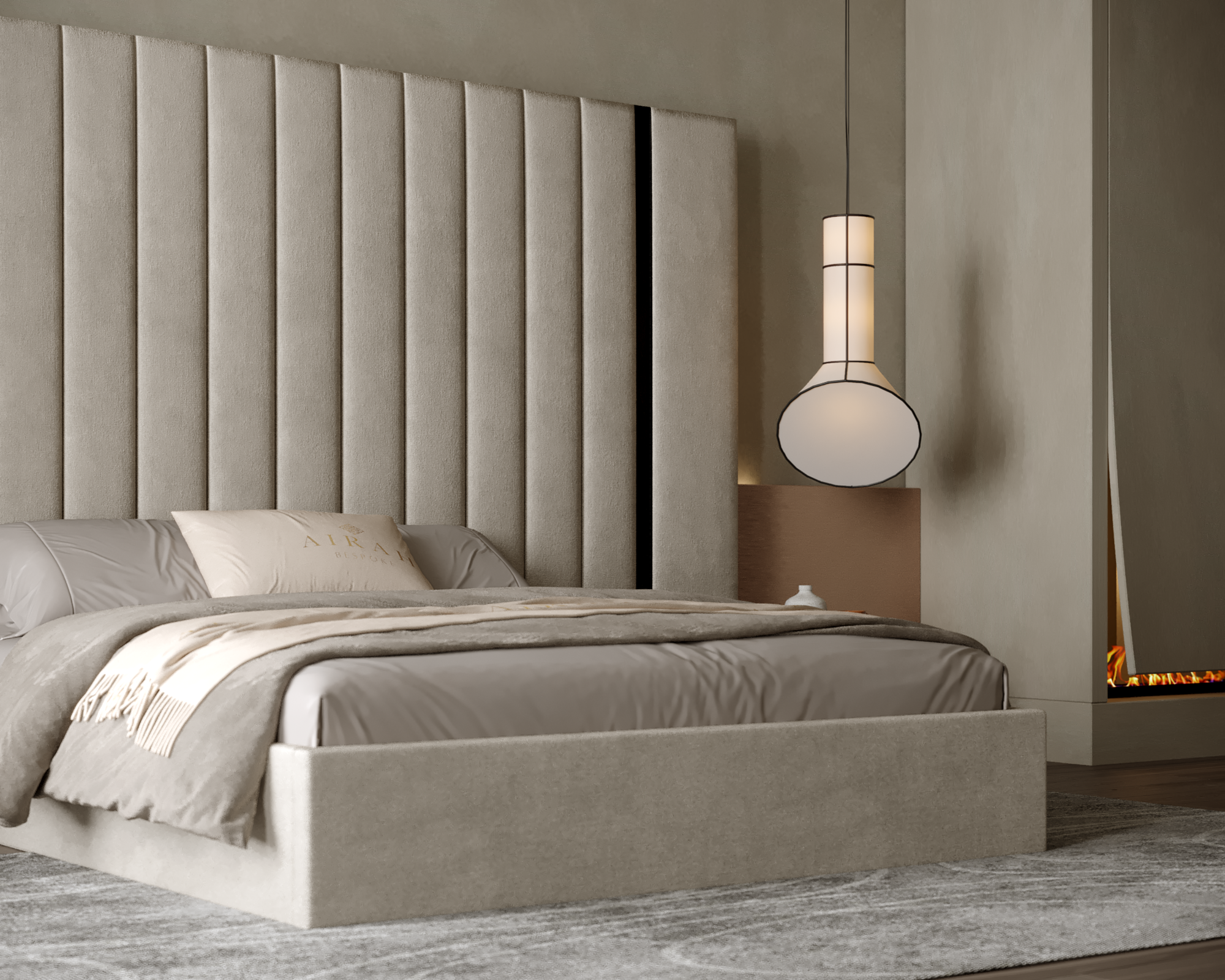 Aria Elite luxury bed featuring an extended upholstered headboard, contemporary bedroom furniture design