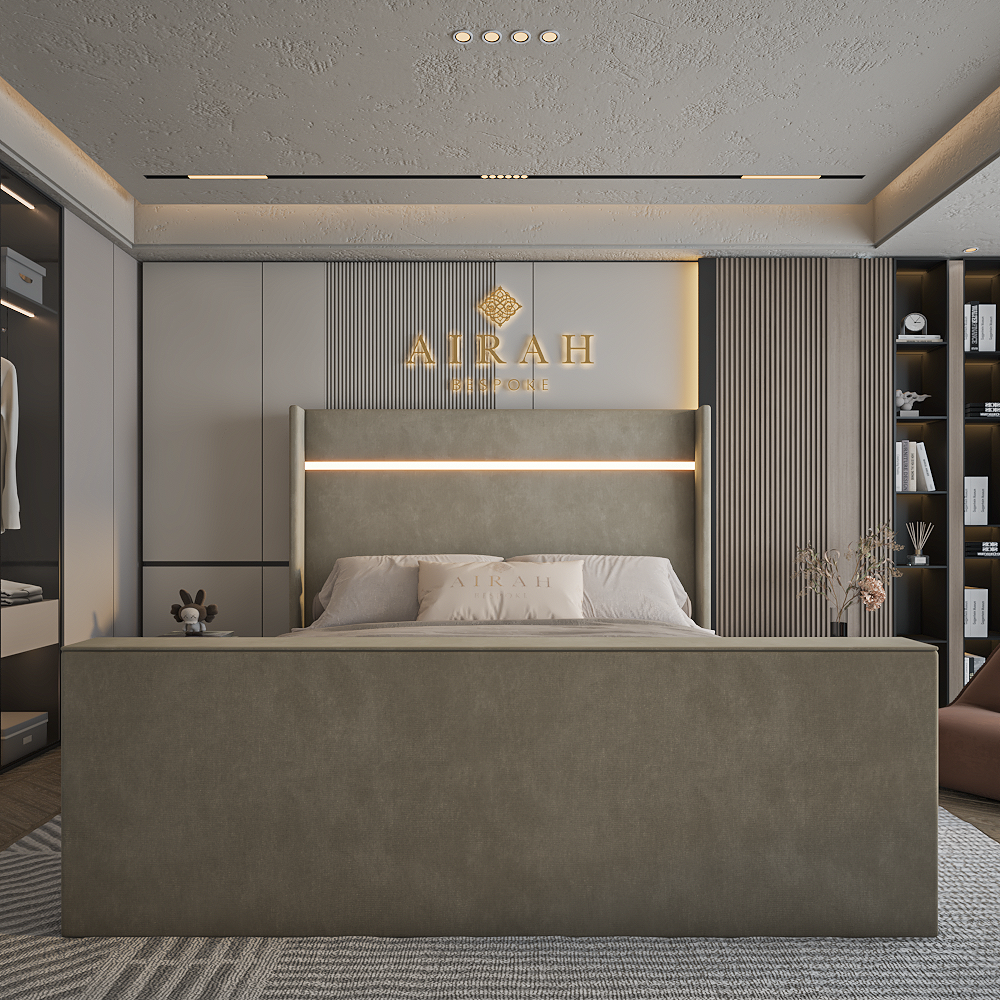 Aura LED upholstered bed with built-in LED light strips – contemporary bed frame UK